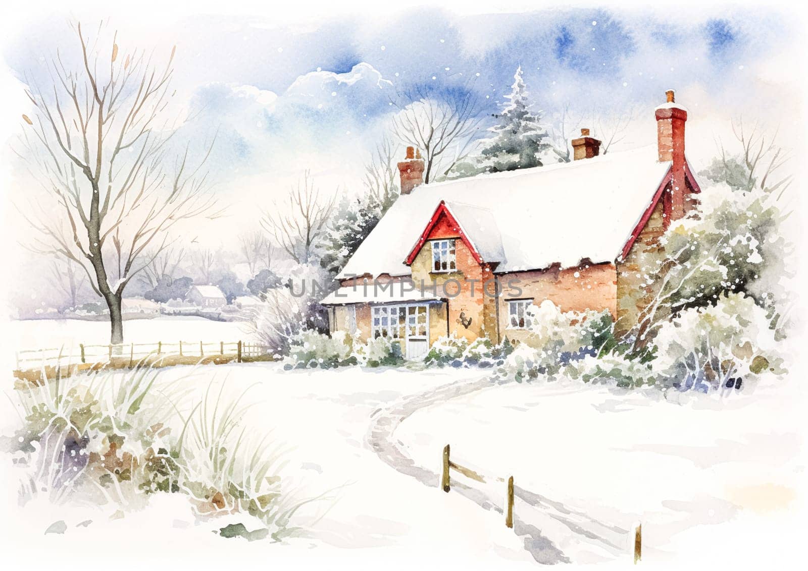 Watercolour printable winter countryside art print, English country cottage and snow, Christmas holiday, thank you and Happy Holidays diy greeting card design