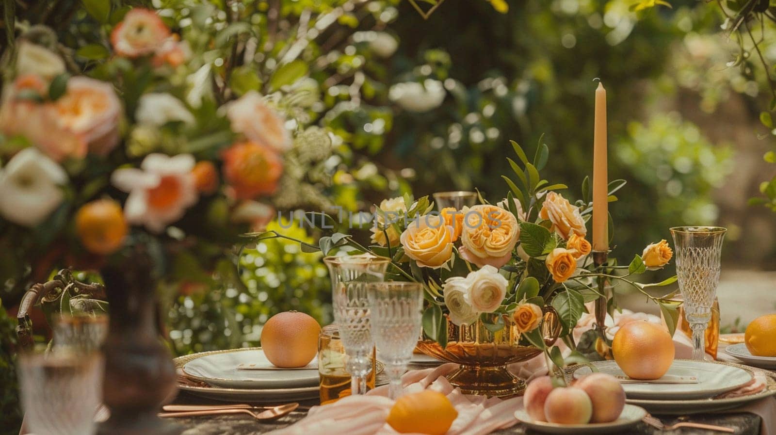 Table decor with fruits in citrus garden, holiday tablescape and dinner table setting, formal event decoration for wedding, family celebration, English country and home styling