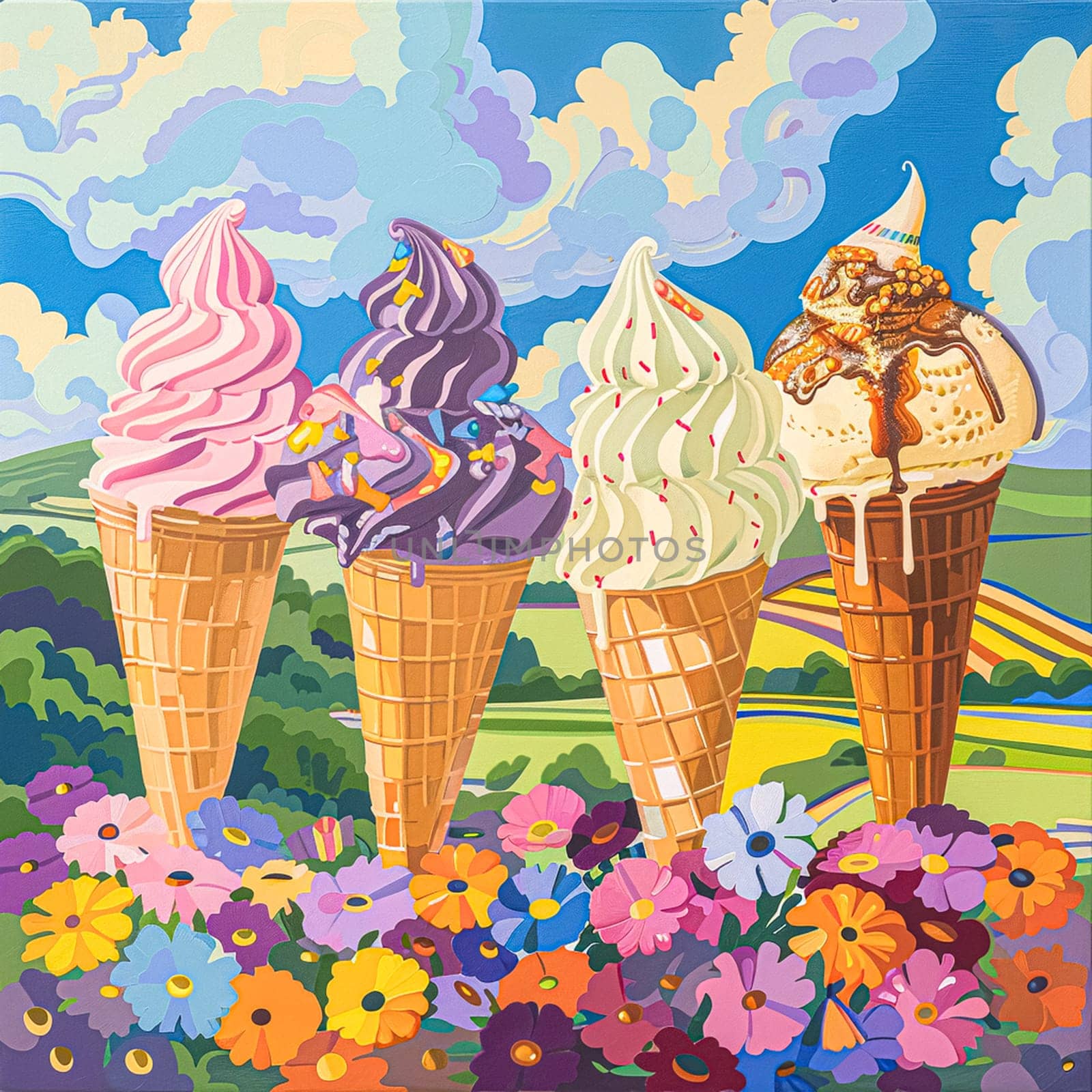 Fun oil fine art painting, ice cream in English country style, printable art design idea