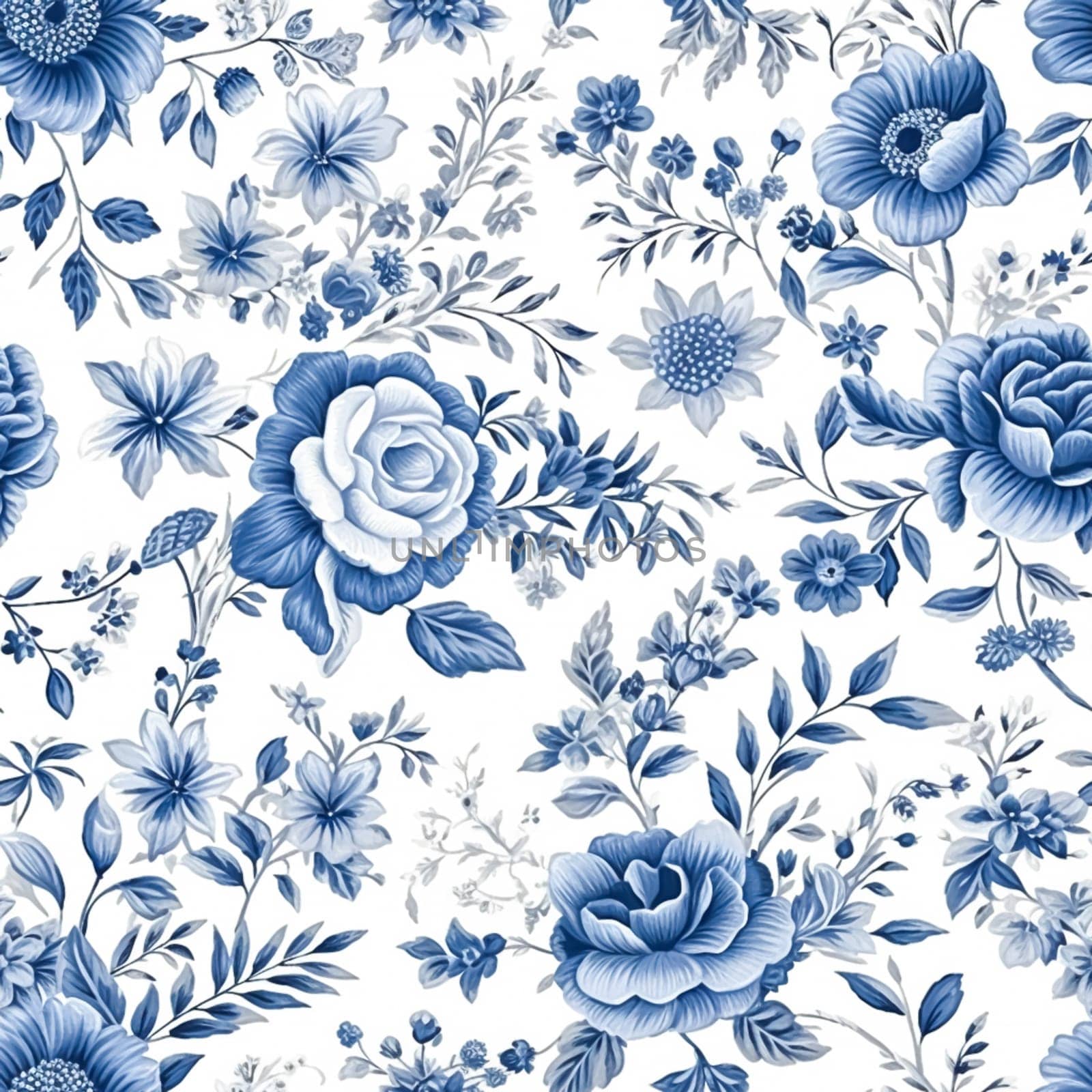 Seamless floral pattern, tileable blue and white country style print with flowers for wallpaper, wrapping paper, scrapbook, fabric and product design, post-processed, generative ai