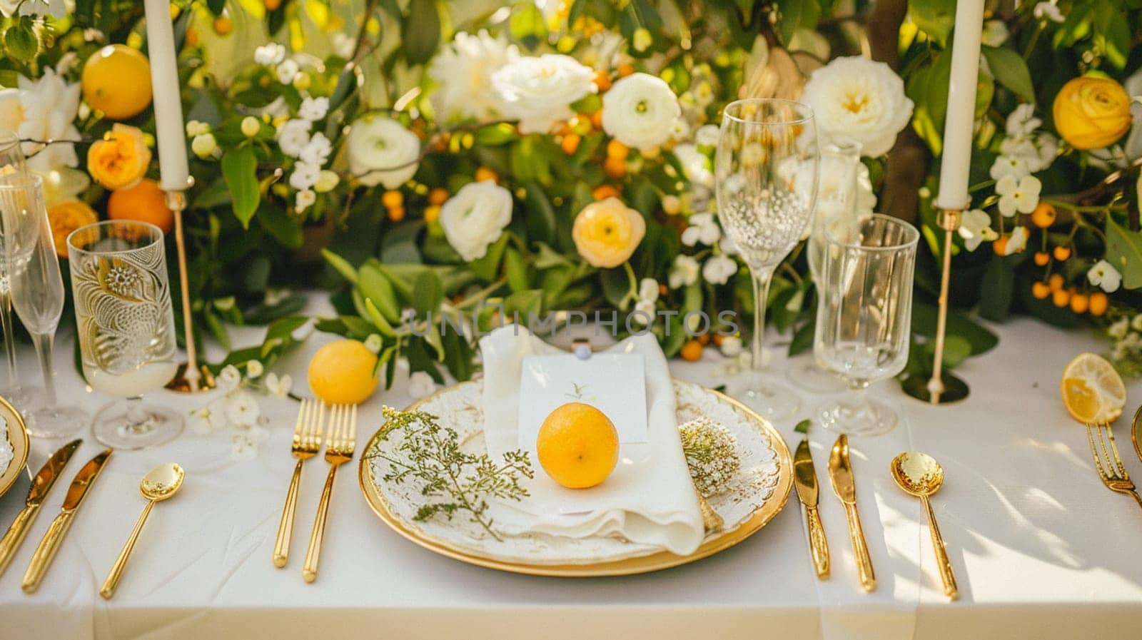 Table decor with fruits in citrus garden, holiday tablescape and dinner table setting, formal event decoration for wedding, family celebration, English country and home styling