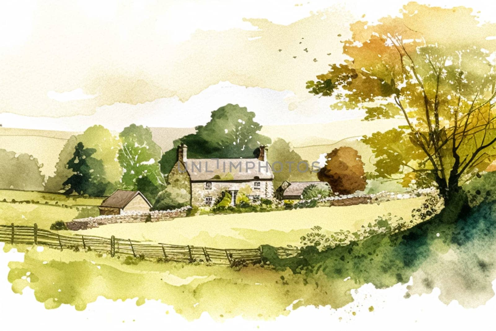 Fine art watercolour painting of the English countryside landscape, romantic nature evoking a sense of tranquility and natural beauty, printable art design idea
