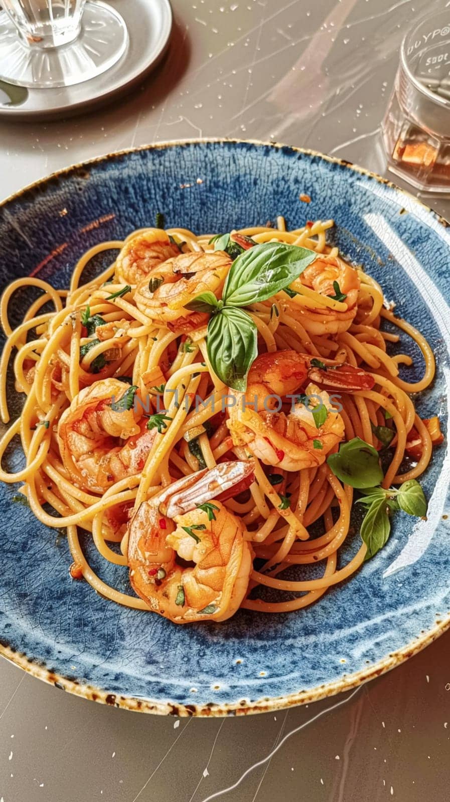 Pasta with shrimps, tomatoes and basil on a plate