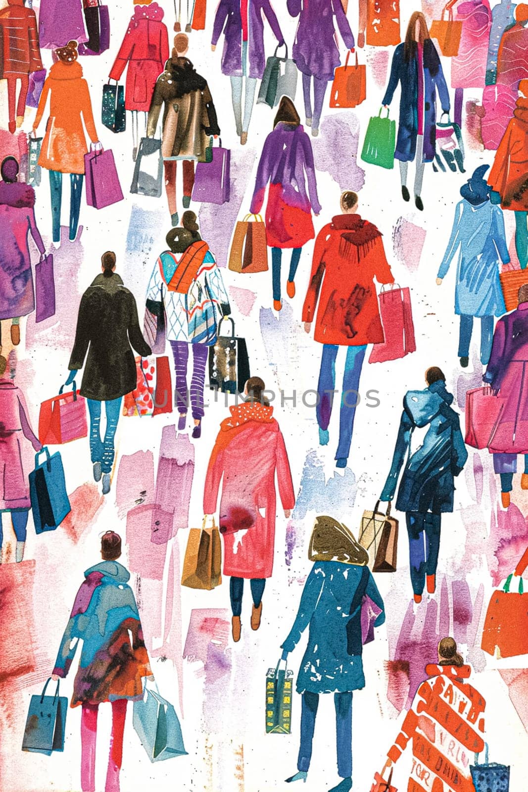 Retro watercolour painting of a women walking while carrying shopping bags, shop and retail idea