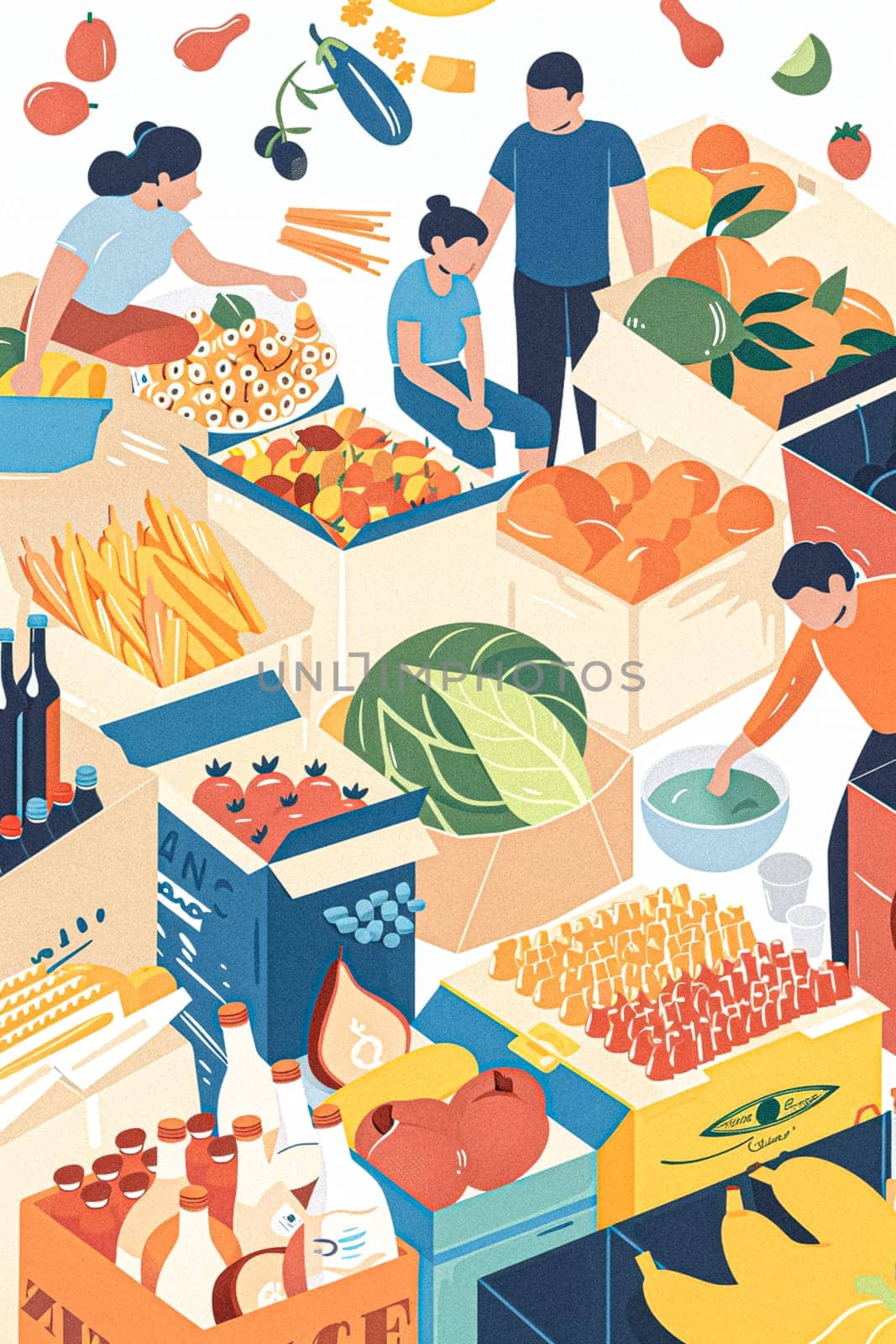 Illustrative painting depicting a bustling food market or food bank scene. Various fresh produce and packaged goods displayed in boxes