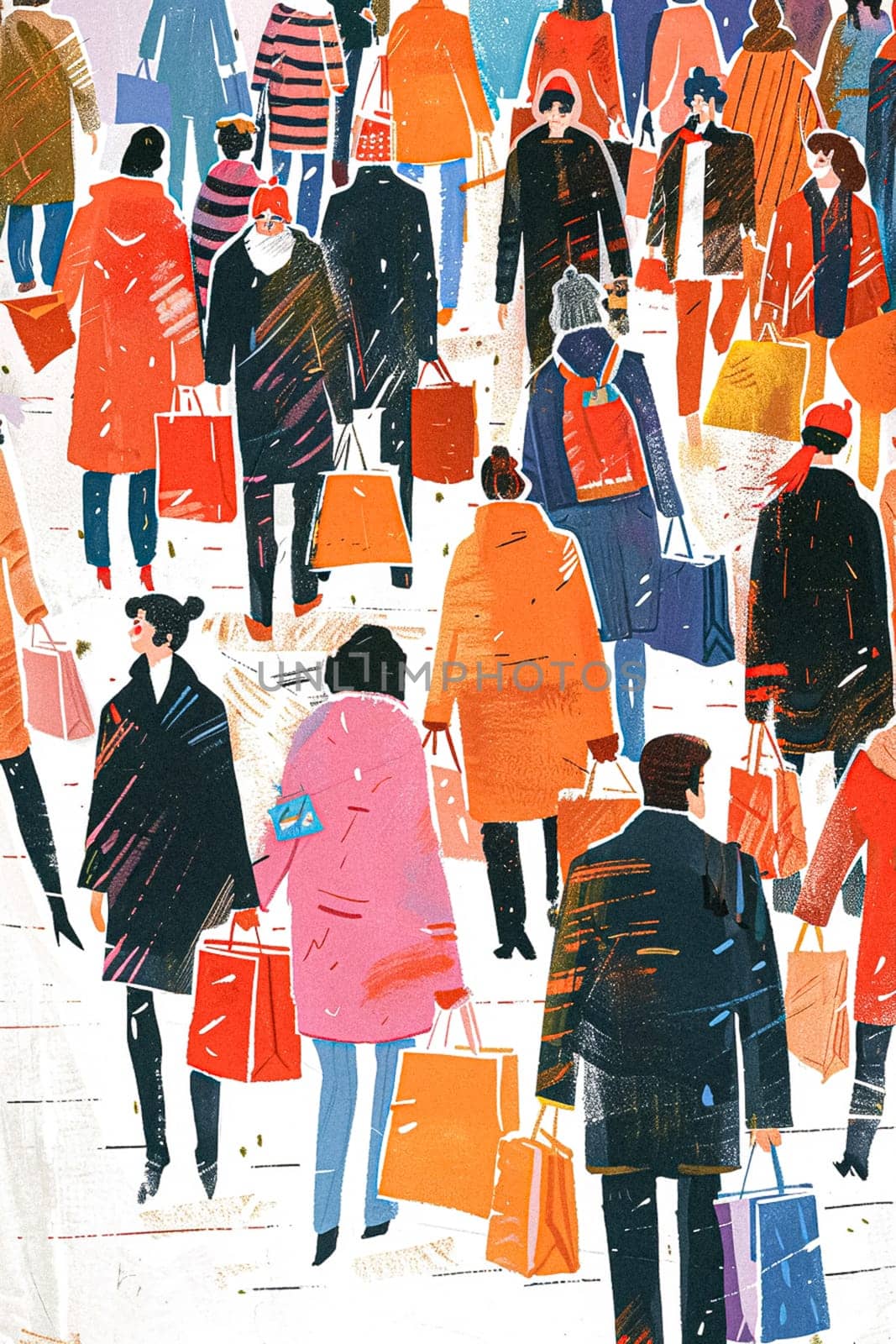 Retro watercolour painting of a women walking while carrying shopping bags, shop and retail idea