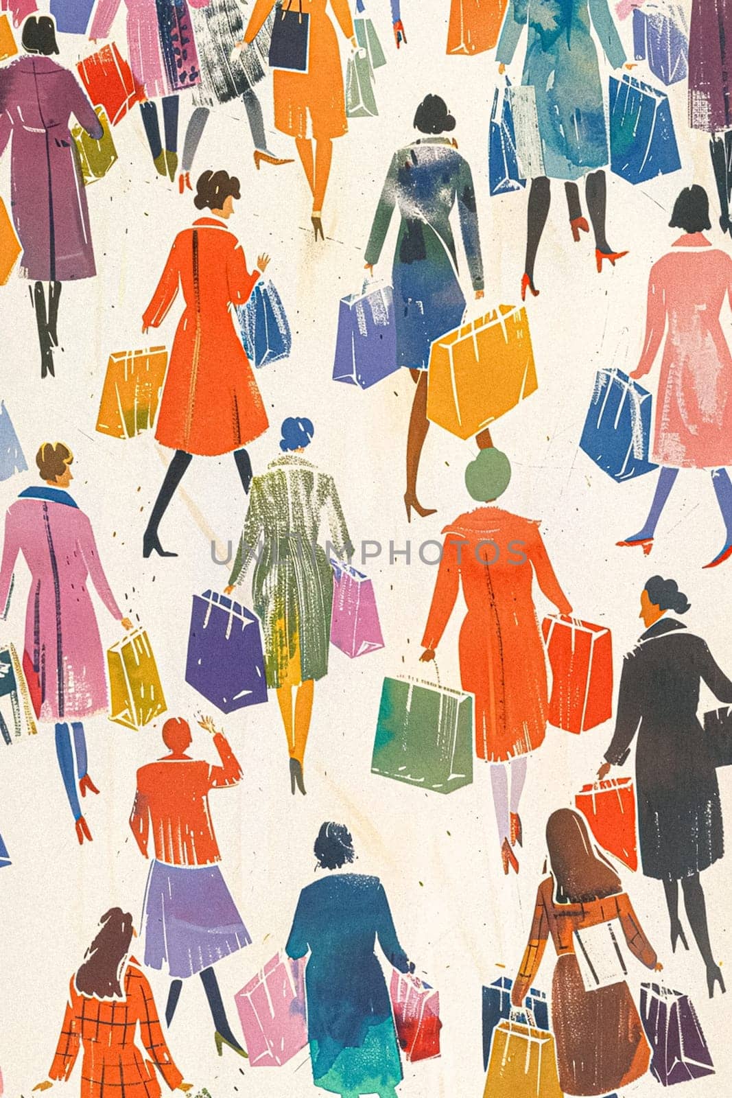 Retro watercolour painting of a women walking while carrying shopping bags, shop and retail idea