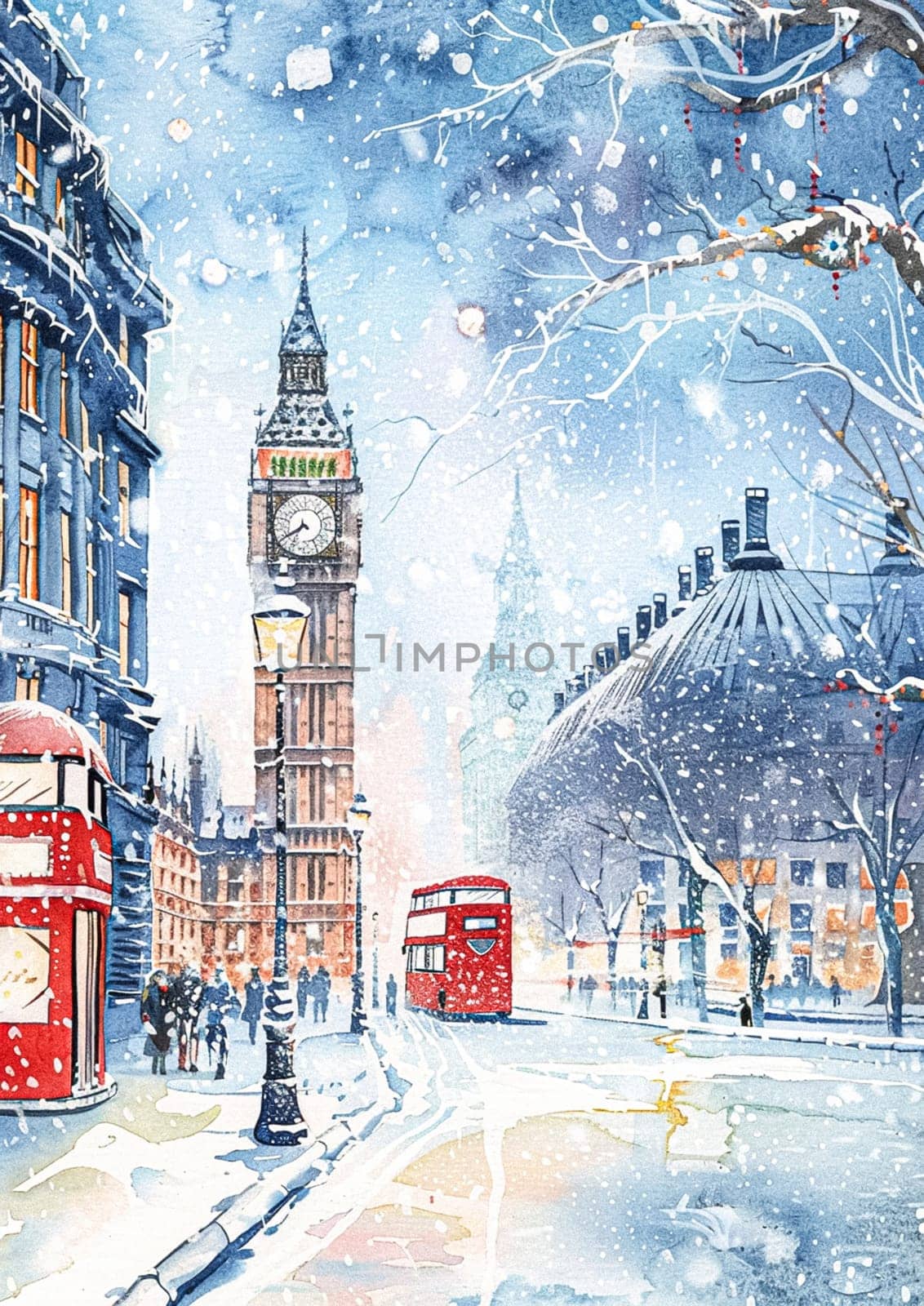 Winter watercolour painting depicting a bustling street in London while snowing. The iconic Big Ben and a red double-decker bus dominate the scene, capturing the essence of the city's atmosphere