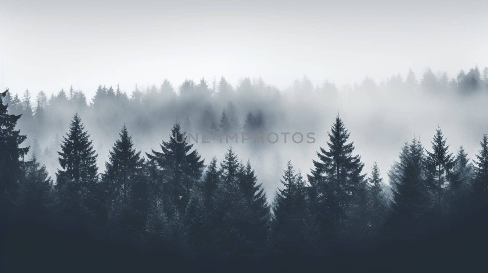 Layers of forested hills shrouded in morning mist present a serene, monochromatic view - Generative AI