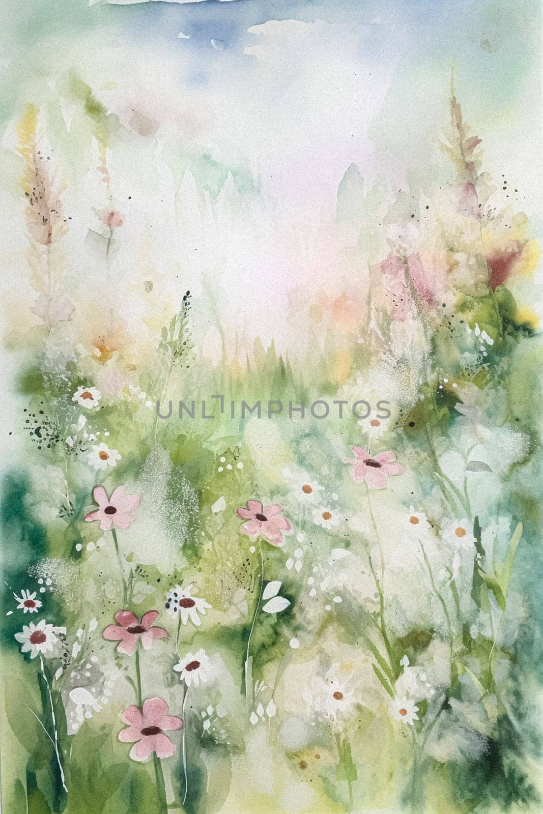 Floral watercolour fine art, romantic flowers, evoking a sense of tranquility and natural beauty, printable art design idea