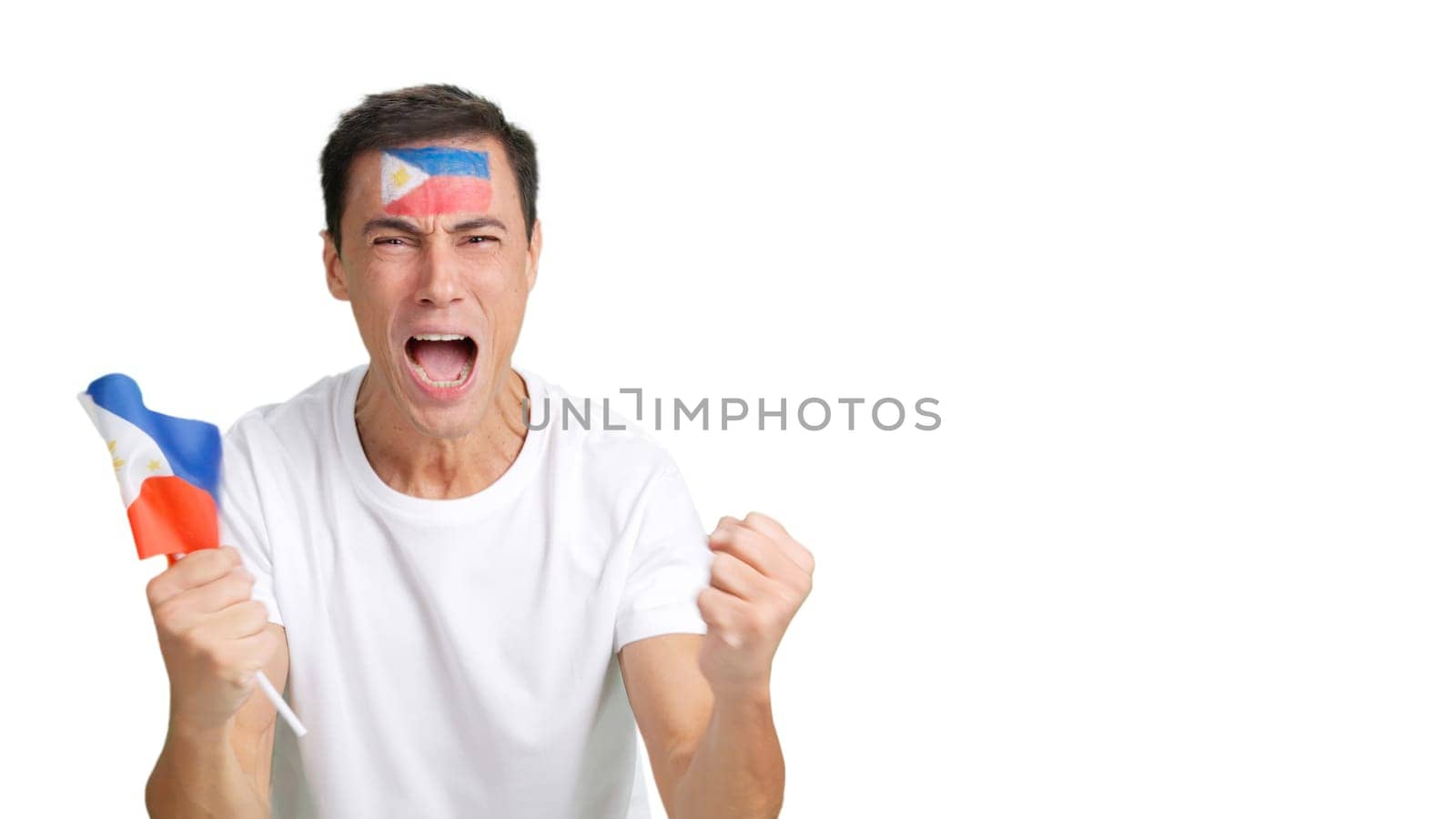 Man passionately cheering for Philippines screaming and waving a national flag
