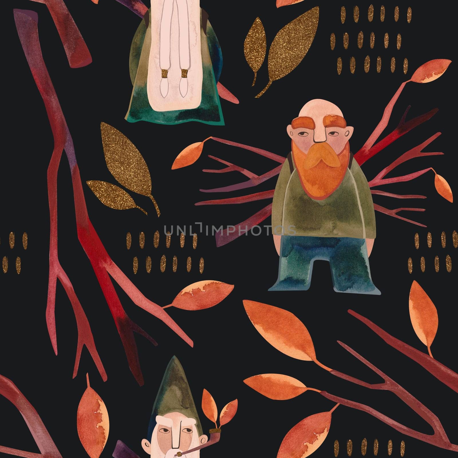 Seamless pattern with magic gnomes, orange autumn leaves, berries, twigs and baskets on a black background. Pattern for wrapping paper, home and seasonal textiles, curtains, tablecloths, kitchen and nursery decoration