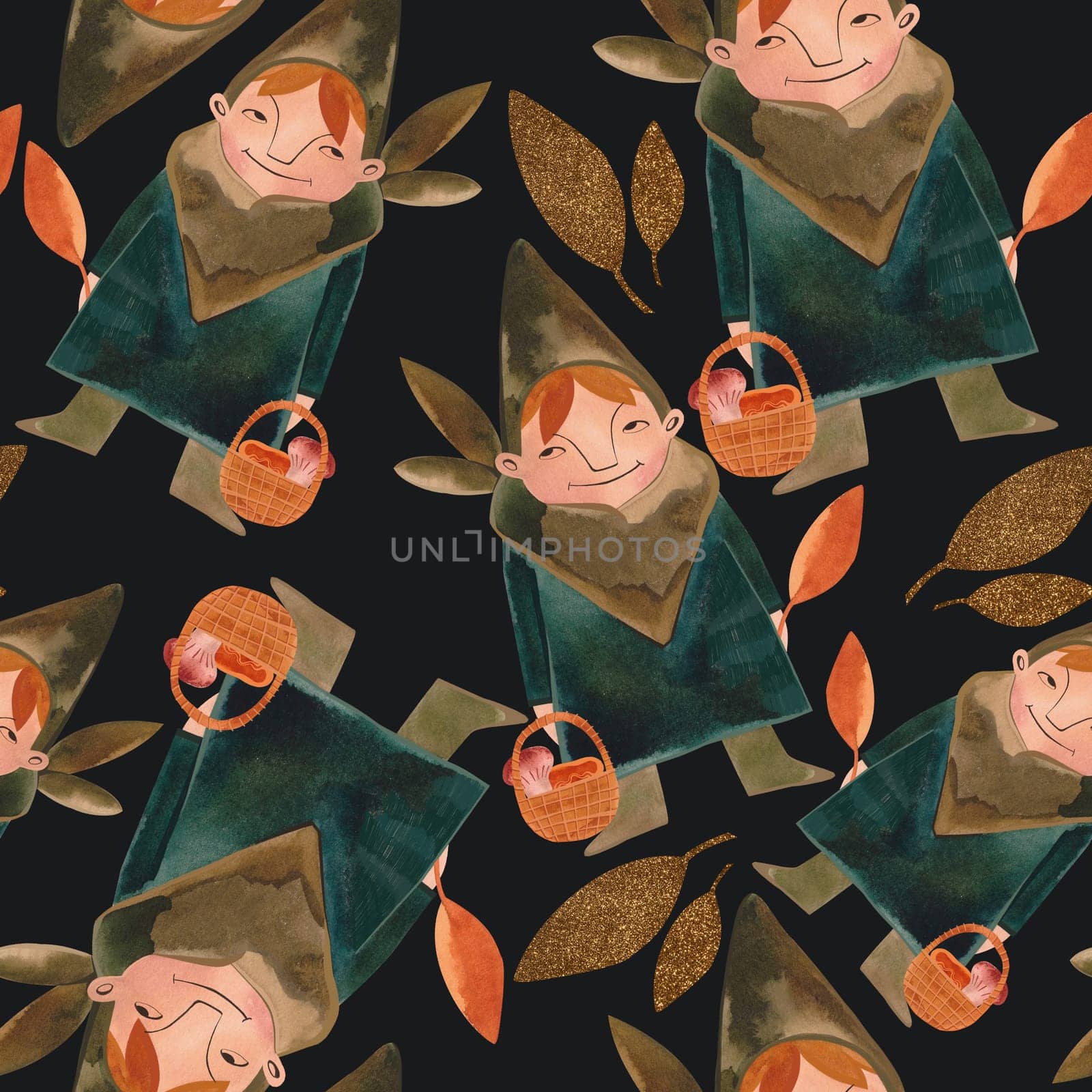 Seamless pattern with magic gnomes, orange autumn leaves, berries, twigs and baskets on a black background. Pattern for wrapping paper, home and seasonal textiles, curtains, tablecloths, kitchen and nursery decoration