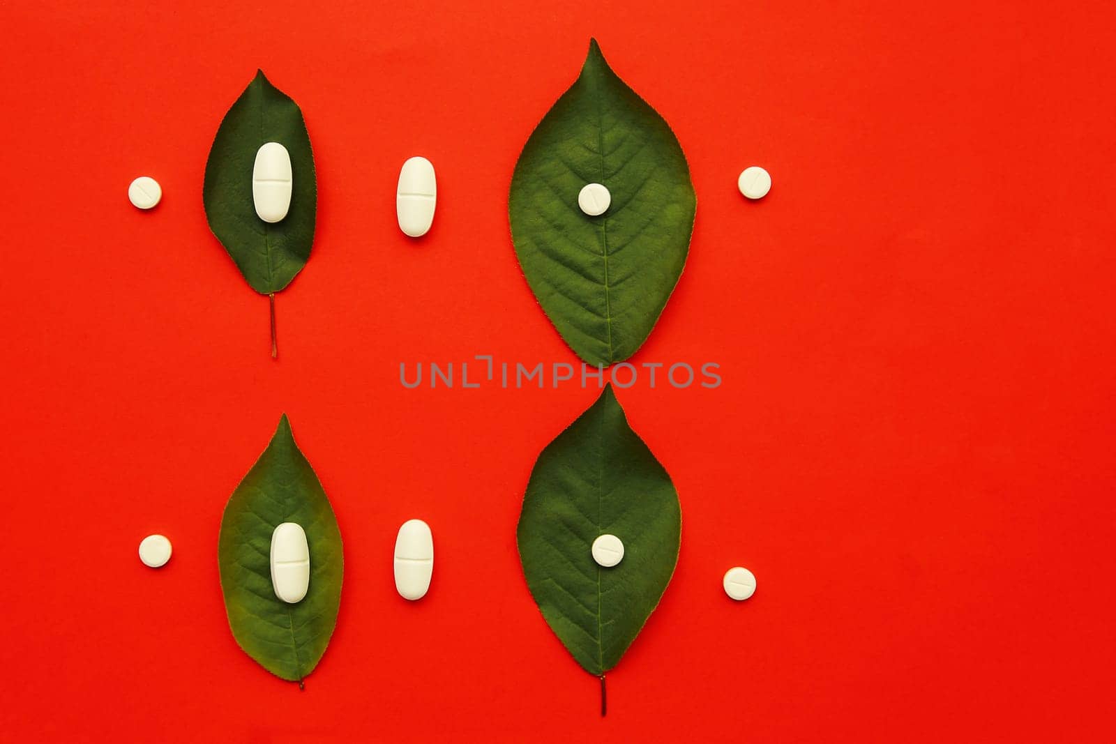 White round and oval tablets, green medicinal leaves lie on a red paper background, top view, flat lei. Herbal medicine concept.