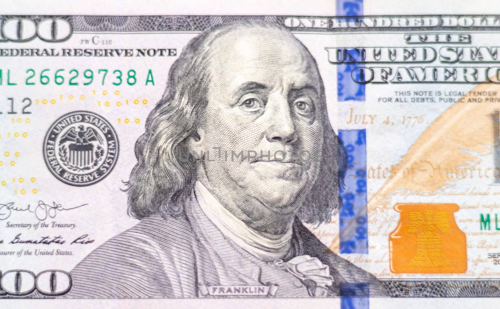 Close up shot of the 100 US dollars note bill.