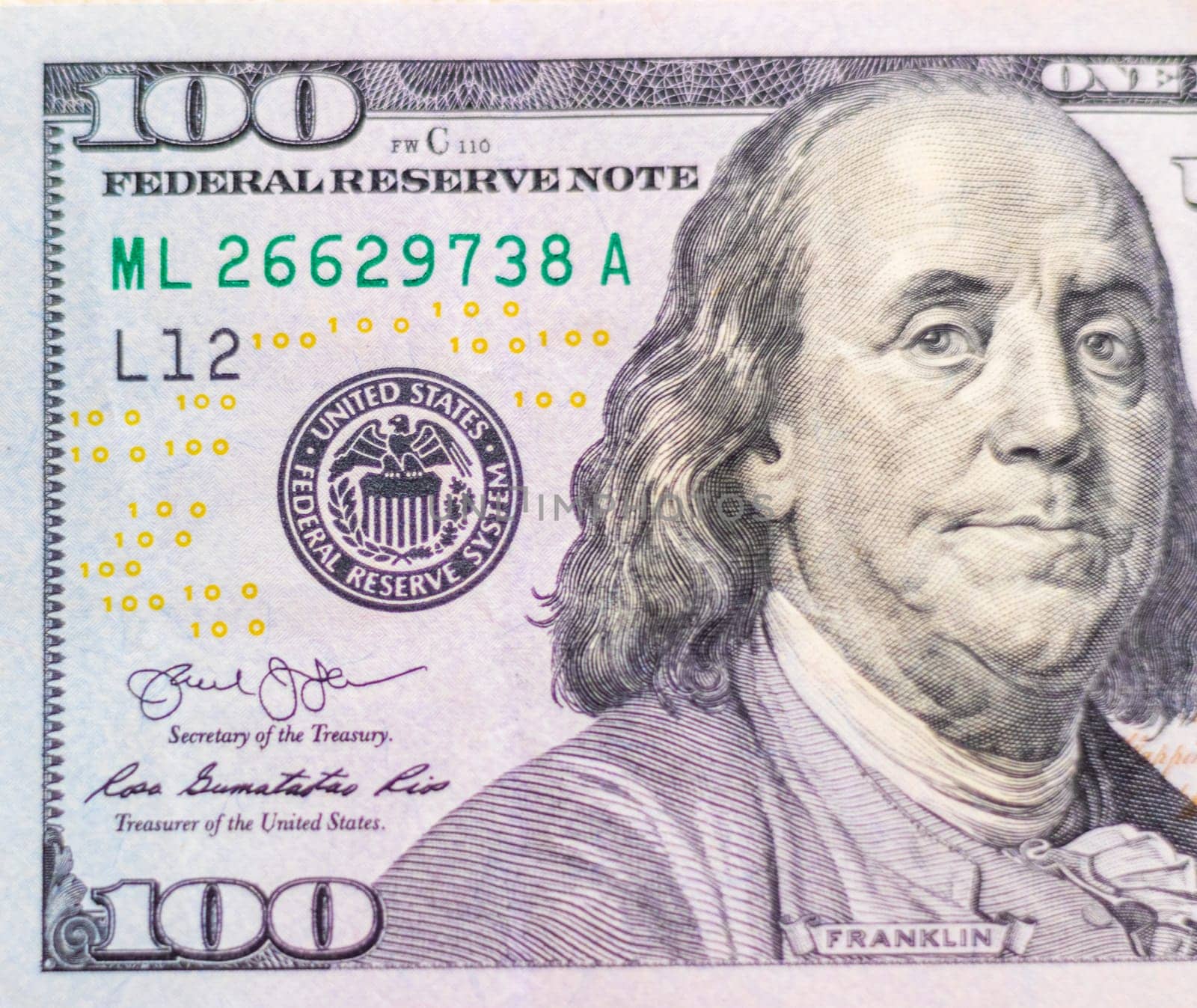 Close up shot of the 100 US dollars note bill.