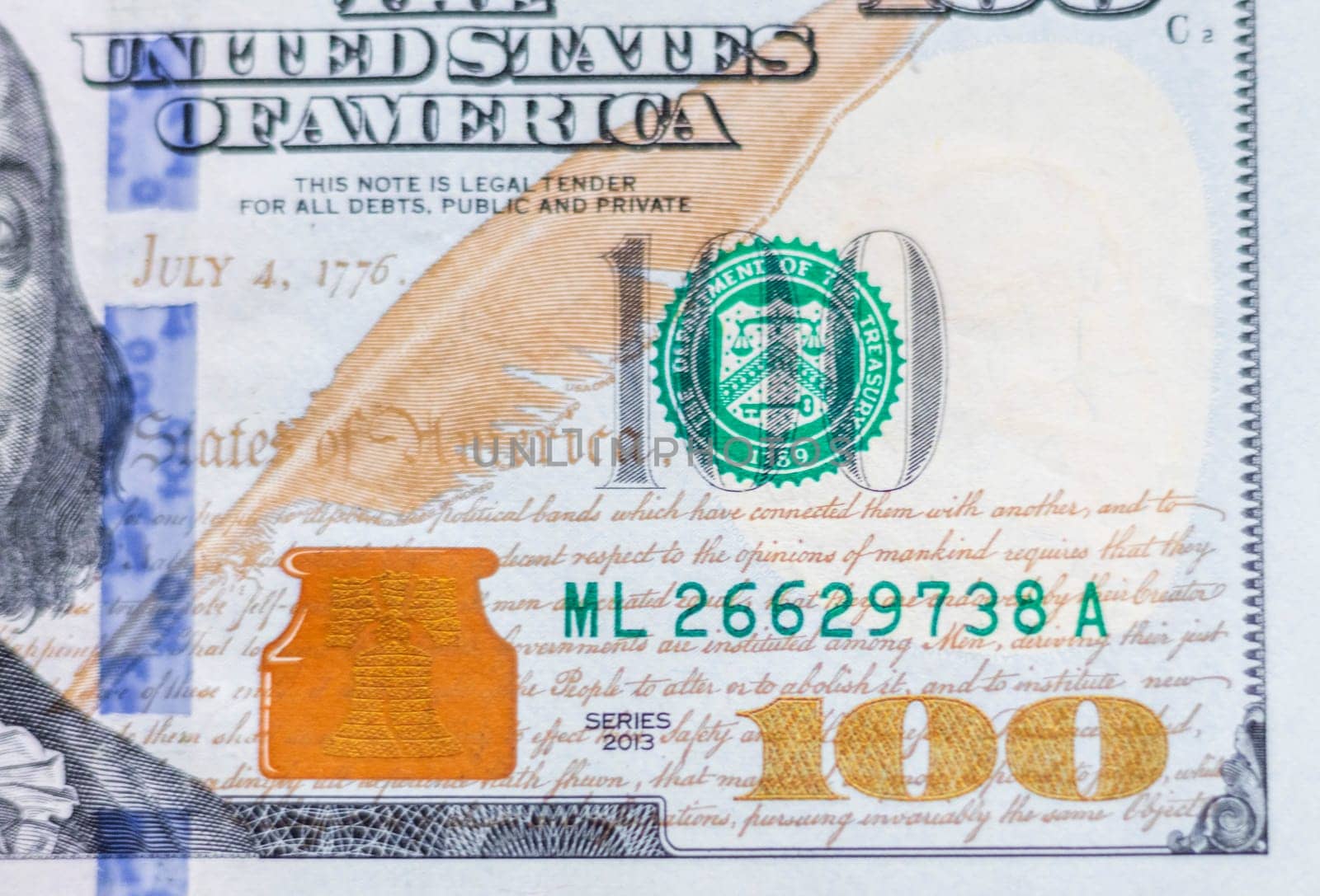 Close up shot of the 100 US dollars note bill.