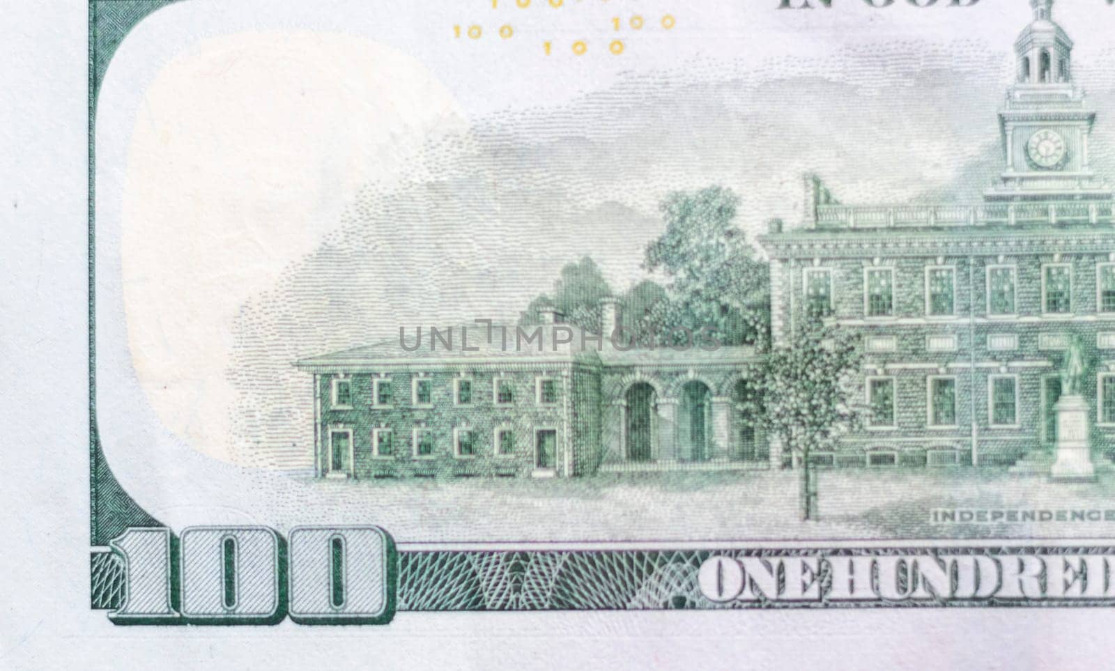 Close up shot of the 100 US dollars note bill.