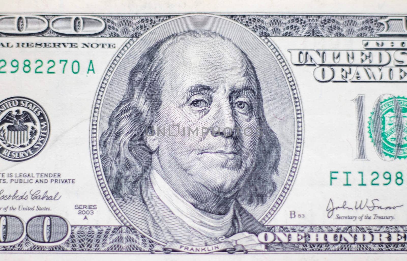 Close up shot of the 100 US dollars note bill.
