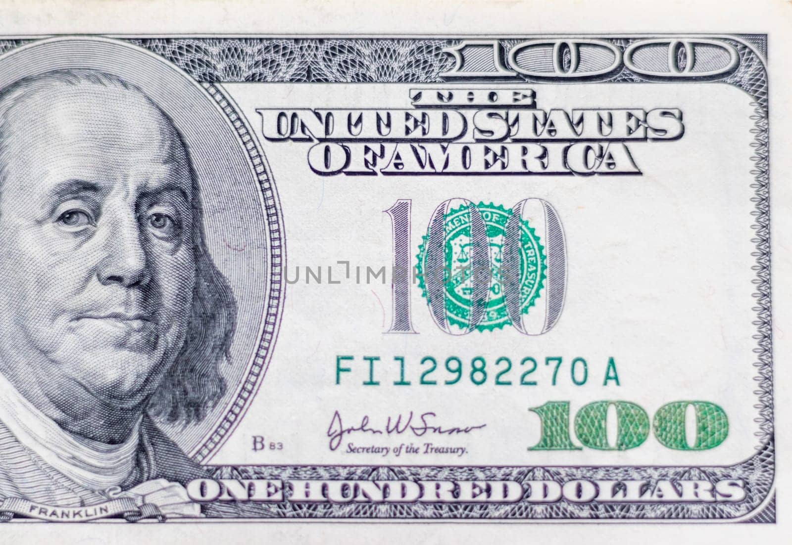 Close up shot of the 100 US dollars note bill.