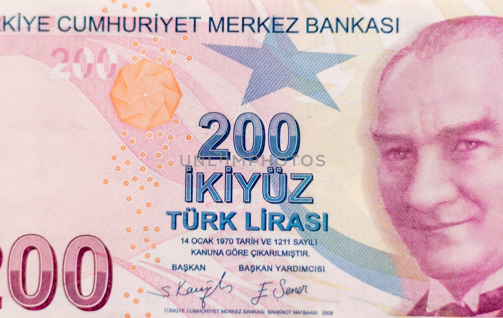 Close up shot of the Turkish lira note bill