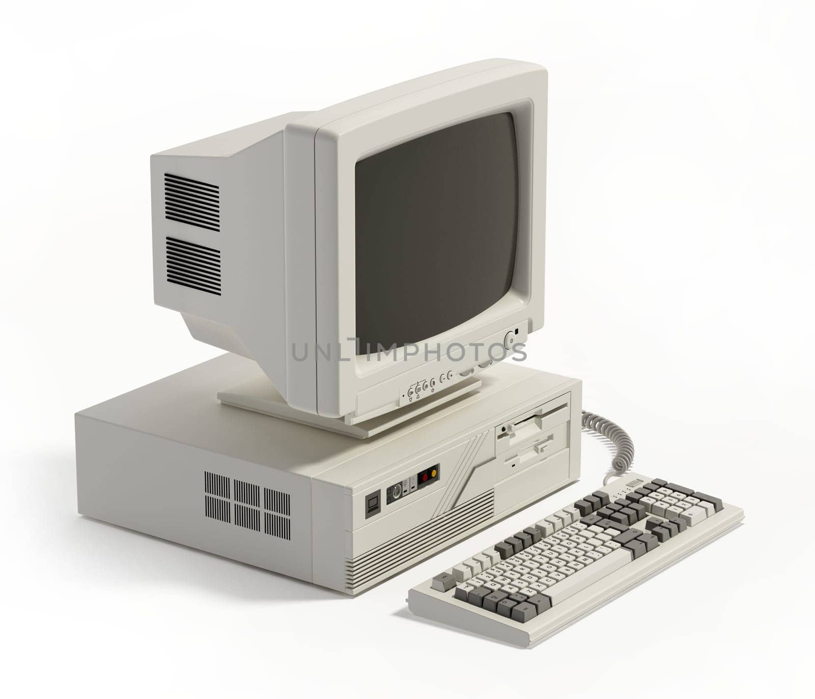 Vintage desktop PC isolated on white background. 3D illustration.