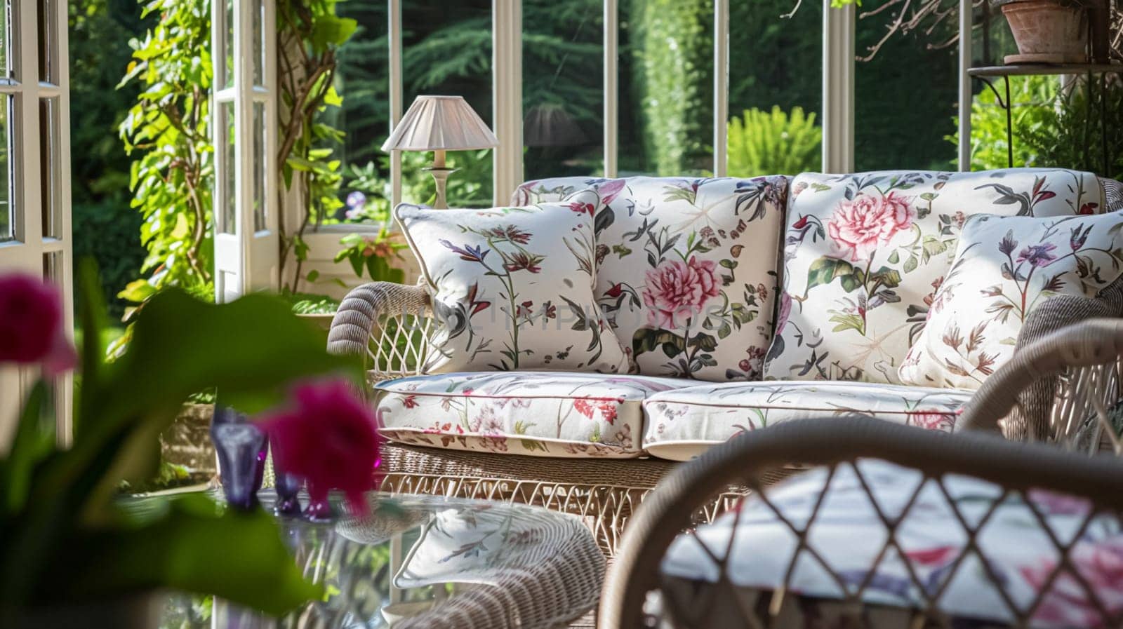 Cottage conservatory room decor, interior design and house improvement, garden furniture with sofa and home decor, English country house