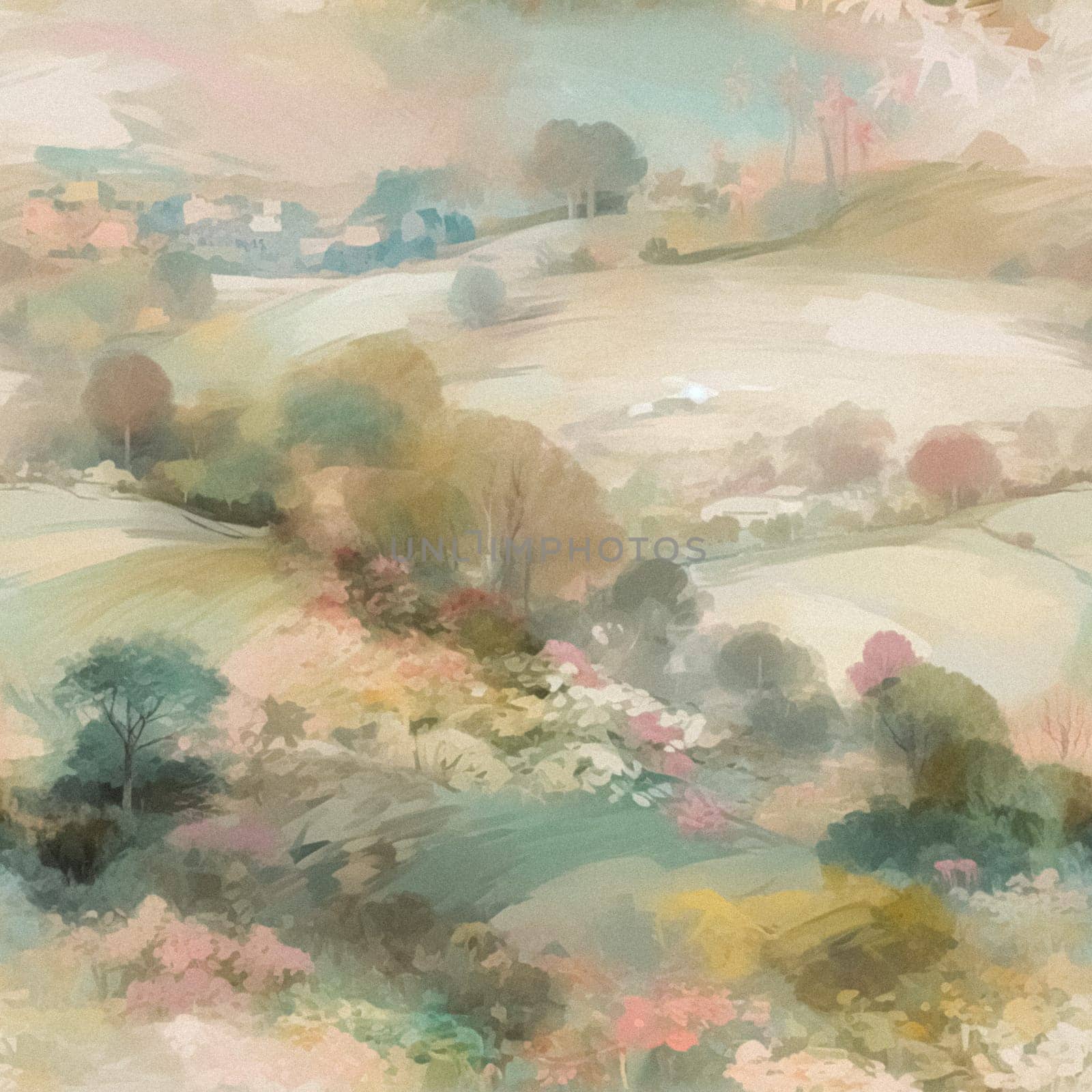 Fine art painting of the English countryside landscape, romantic nature in soft pastel colours, evoking a sense of tranquility and natural beauty, printable art design idea