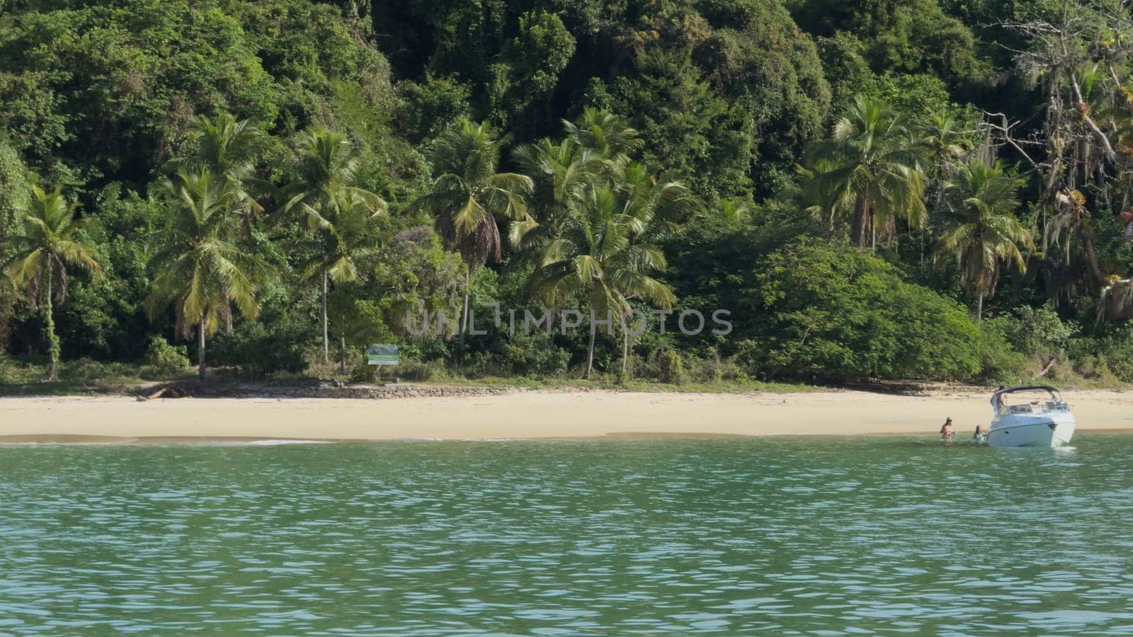A vacation boat lies on a sandy beach amidst a lush jungle; people are unrecognizable, creating a paradisiacal setting.