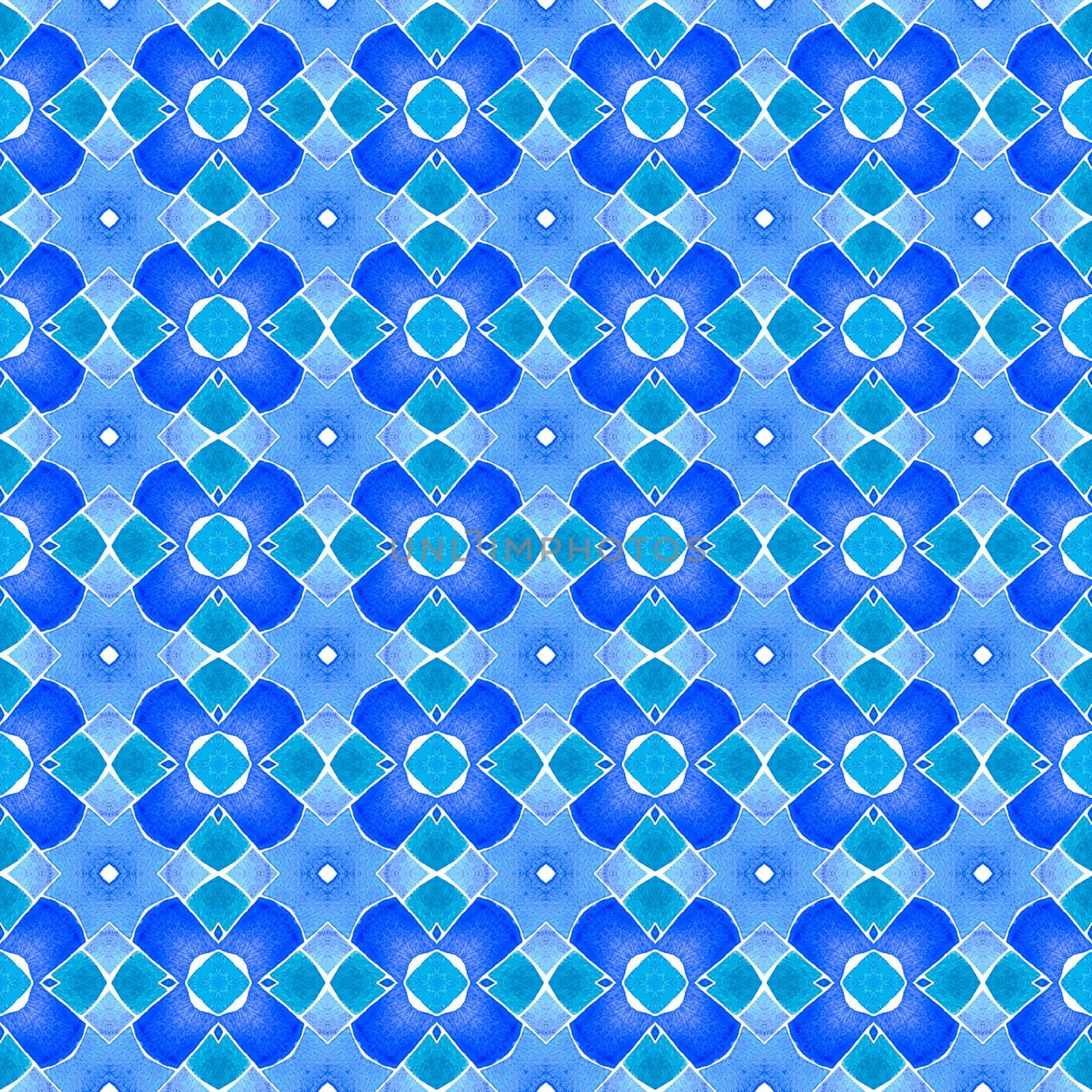 Textile ready beautiful print, swimwear fabric, wallpaper, wrapping. Blue terrific boho chic summer design. Ikat repeating swimwear design. Watercolor ikat repeating tile border.
