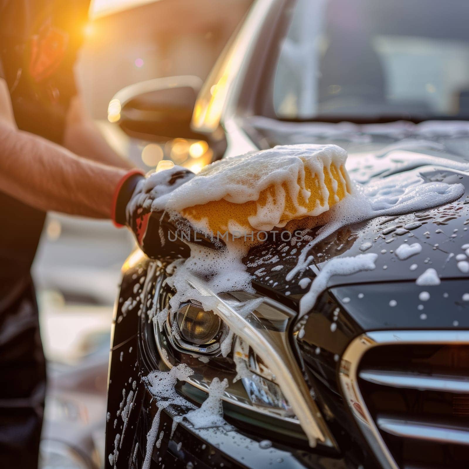 Close up of unrecognizable person hand cleaning a car with a sponge.