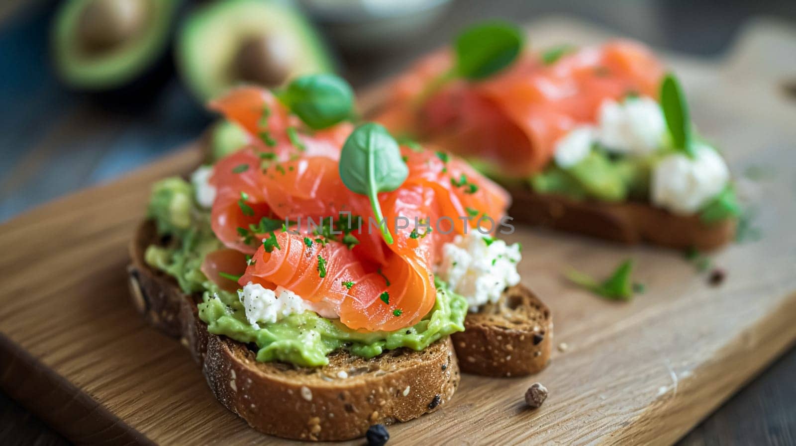 Avocado toast with smoked salmon for breakfast, homemade cuisine and traditional food, country life
