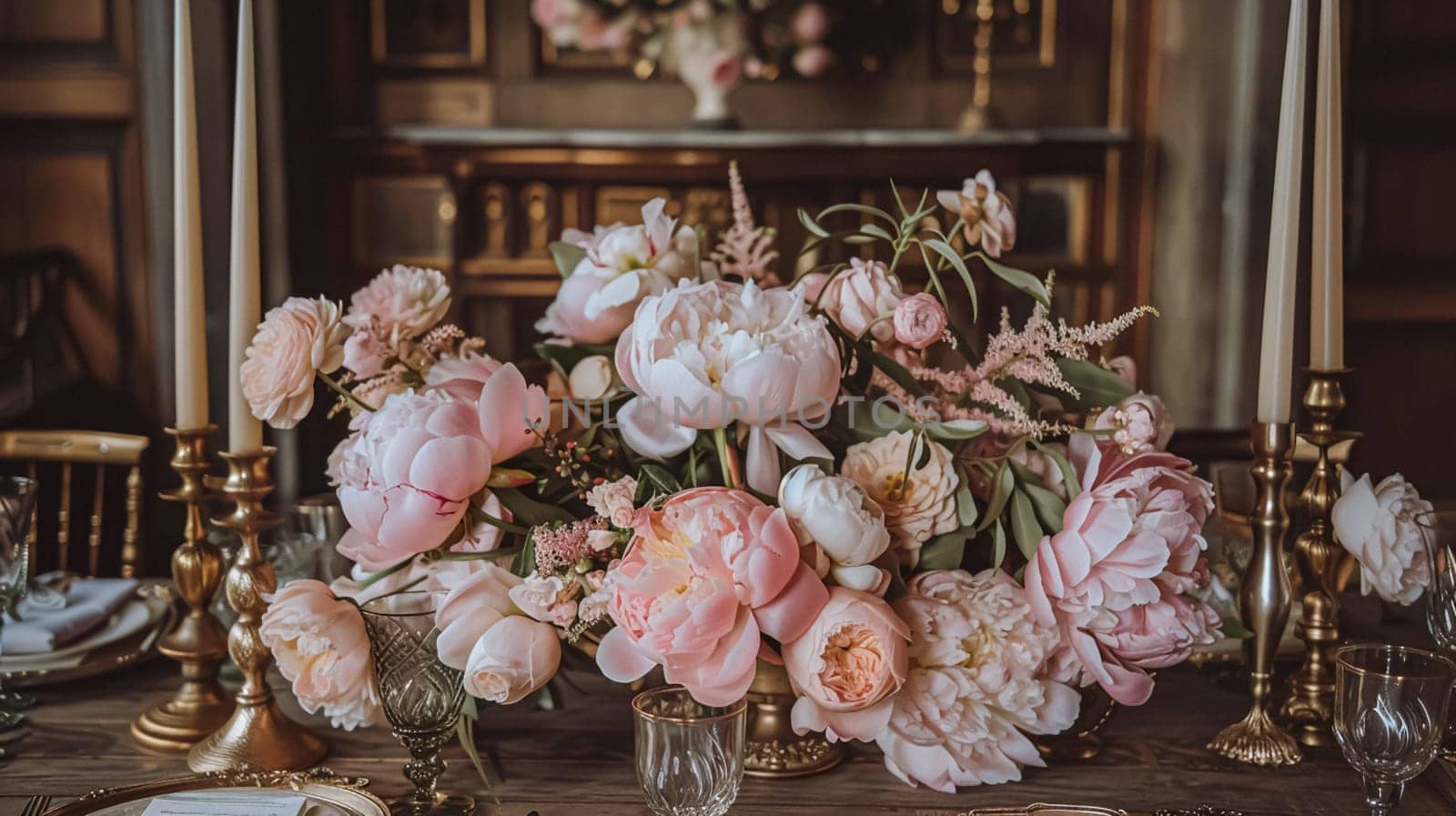 Wedding decoration with peonies, floral decor and event celebration, peony flowers and wedding ceremony in the garden, English country style