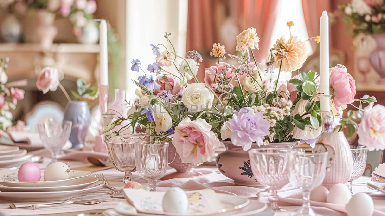Easter tablescape decoration, floral holiday table decor for family celebration, spring flowers, Easter eggs, Easter bunny and vintage dinnerware, English country and home styling