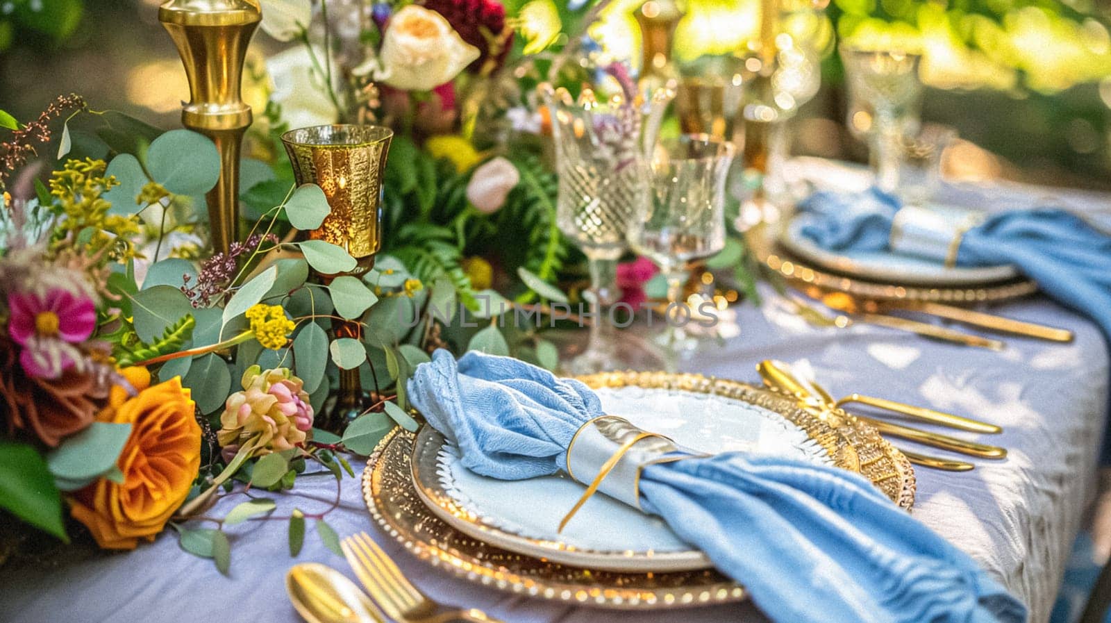 Table decor in a summer garden, holiday tablescape and dinner table setting, formal event decoration for wedding, family celebration, English country and home styling idea