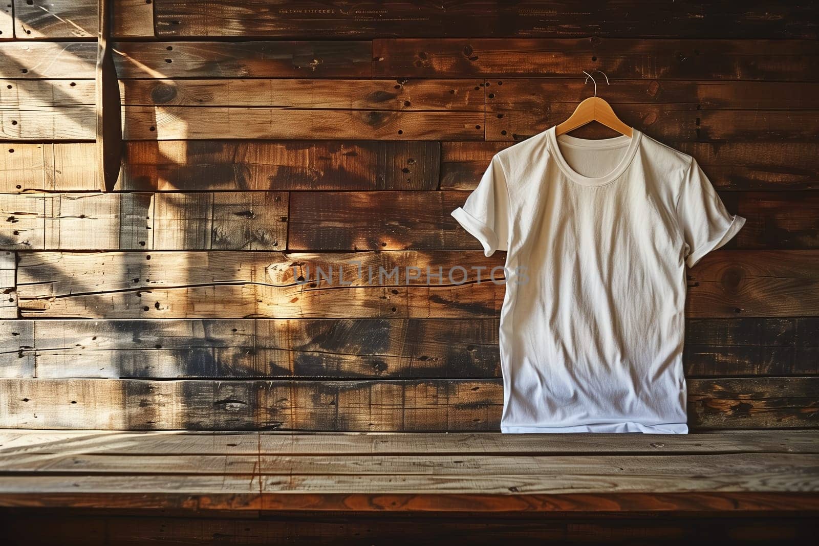A plain white t-shirt hangs on a wooden wall, with sunlight streaming through the window, casting light and shadow patterns on the wood. The t-shirt is a blank canvas, ready for design, and the wooden background creates a rustic and vintage aesthetic.