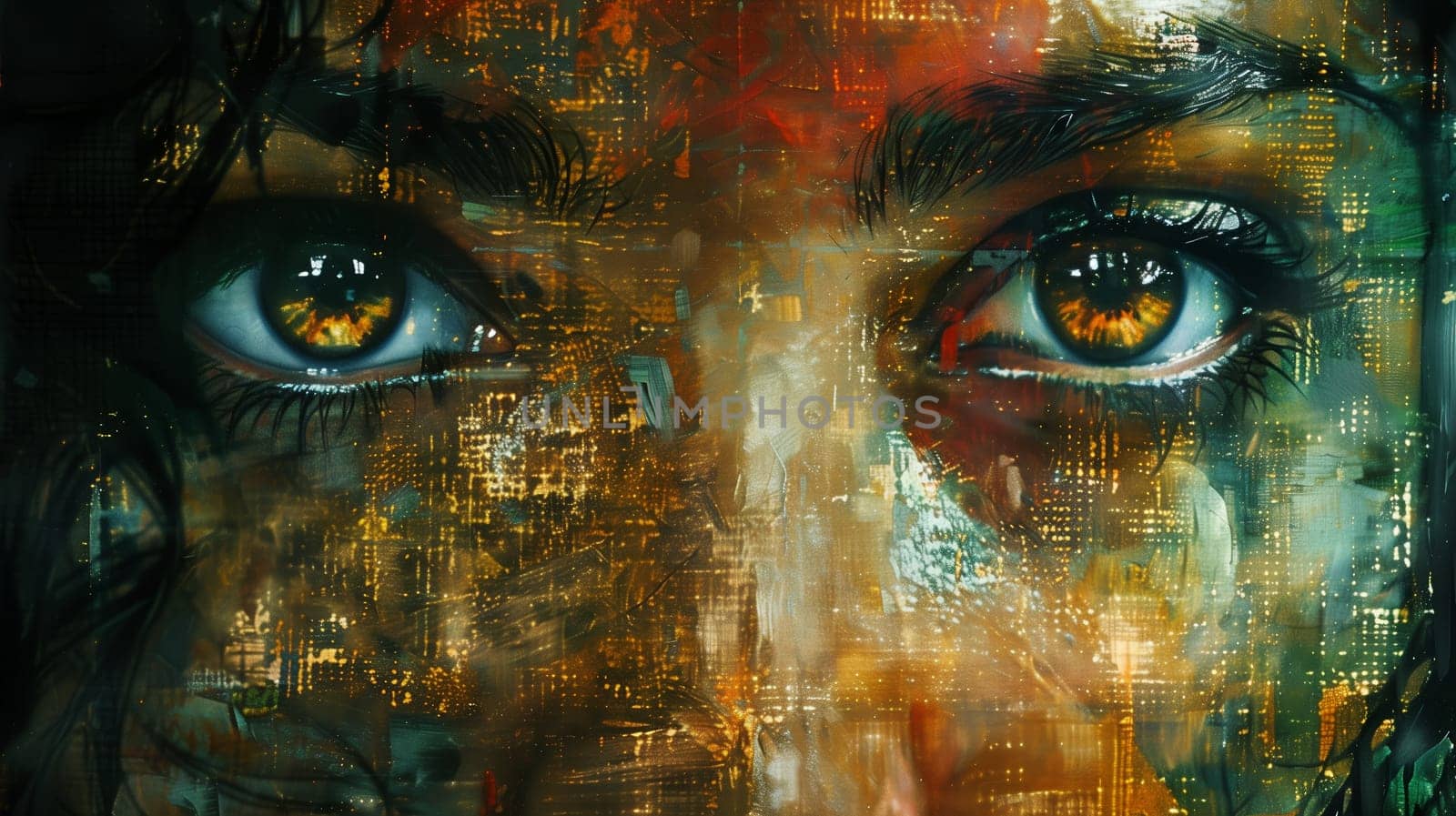 This is a close-up painting of a womans eyes. The image is stylized, with the subjects face blending into a cityscape at night. The cityscape is made up of abstract shapes and patterns, with lights twinkling in the distance. The womans eyes are large and expressive, and the colors are warm and inviting.