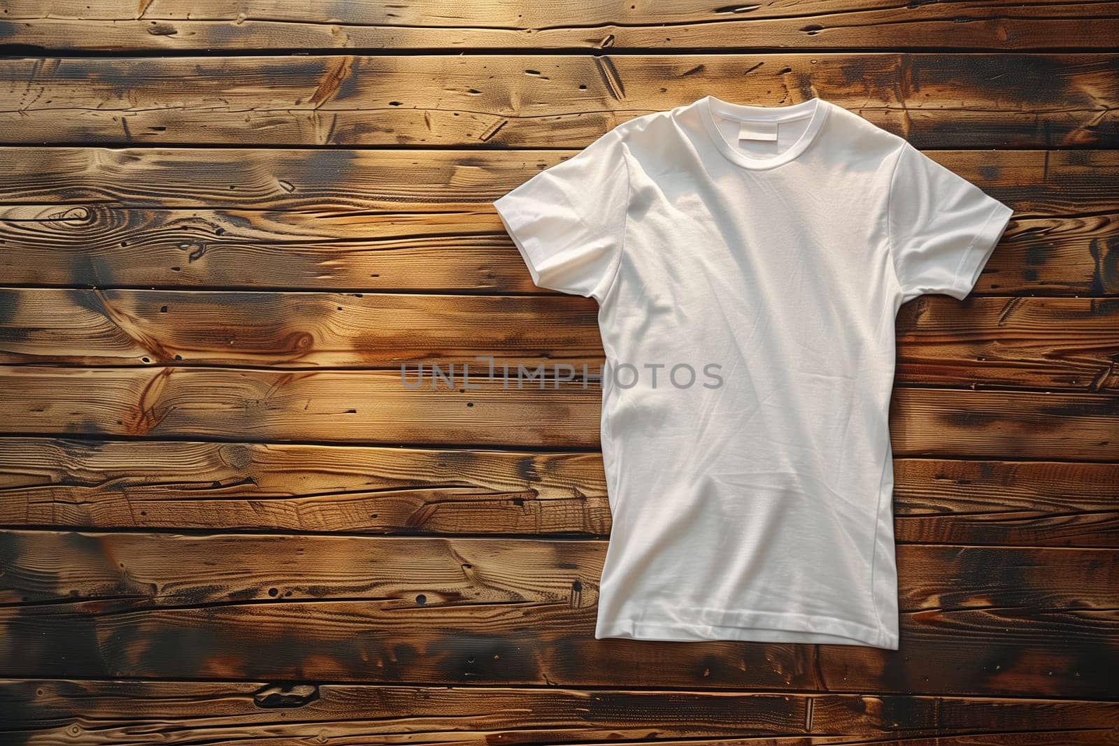 A white, cotton t-shirt is laying flat on a rustic wood plank background. The t-shirt is centered on the image with the wood planks running horizontally.