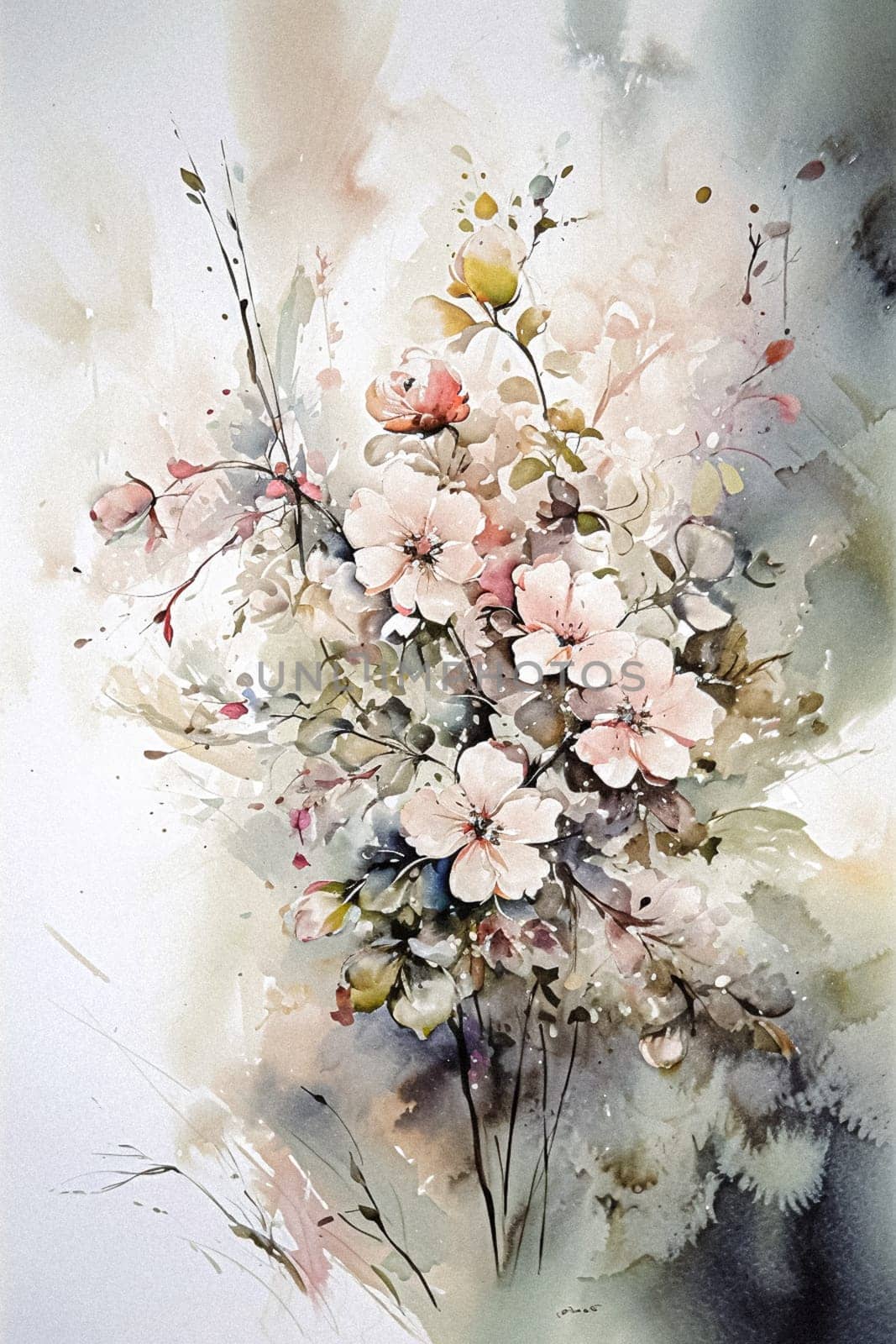 Floral watercolour fine art, romantic flowers, evoking a sense of tranquility and natural beauty, printable art design idea