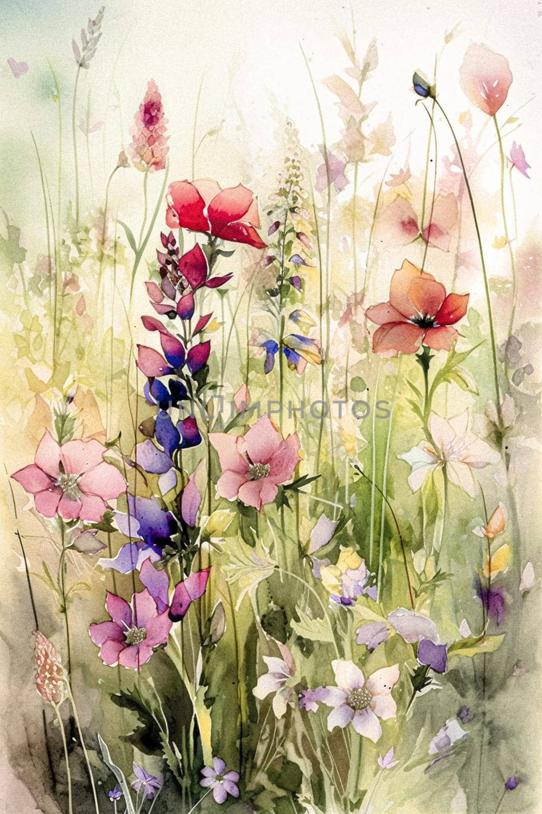 Fine art watercolour painting of the English countryside landscape with flowers, romantic nature evoking a sense of tranquility and natural beauty, printable art design idea