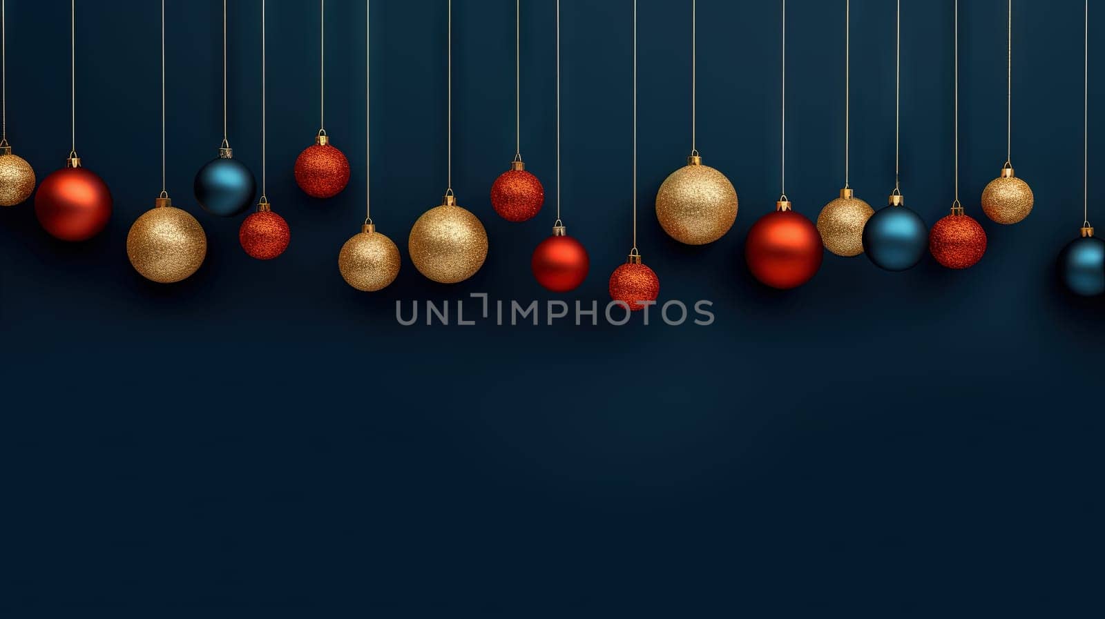Christmas balls hanging in line on blue background. Winter holiday card with baubles. Generated AI