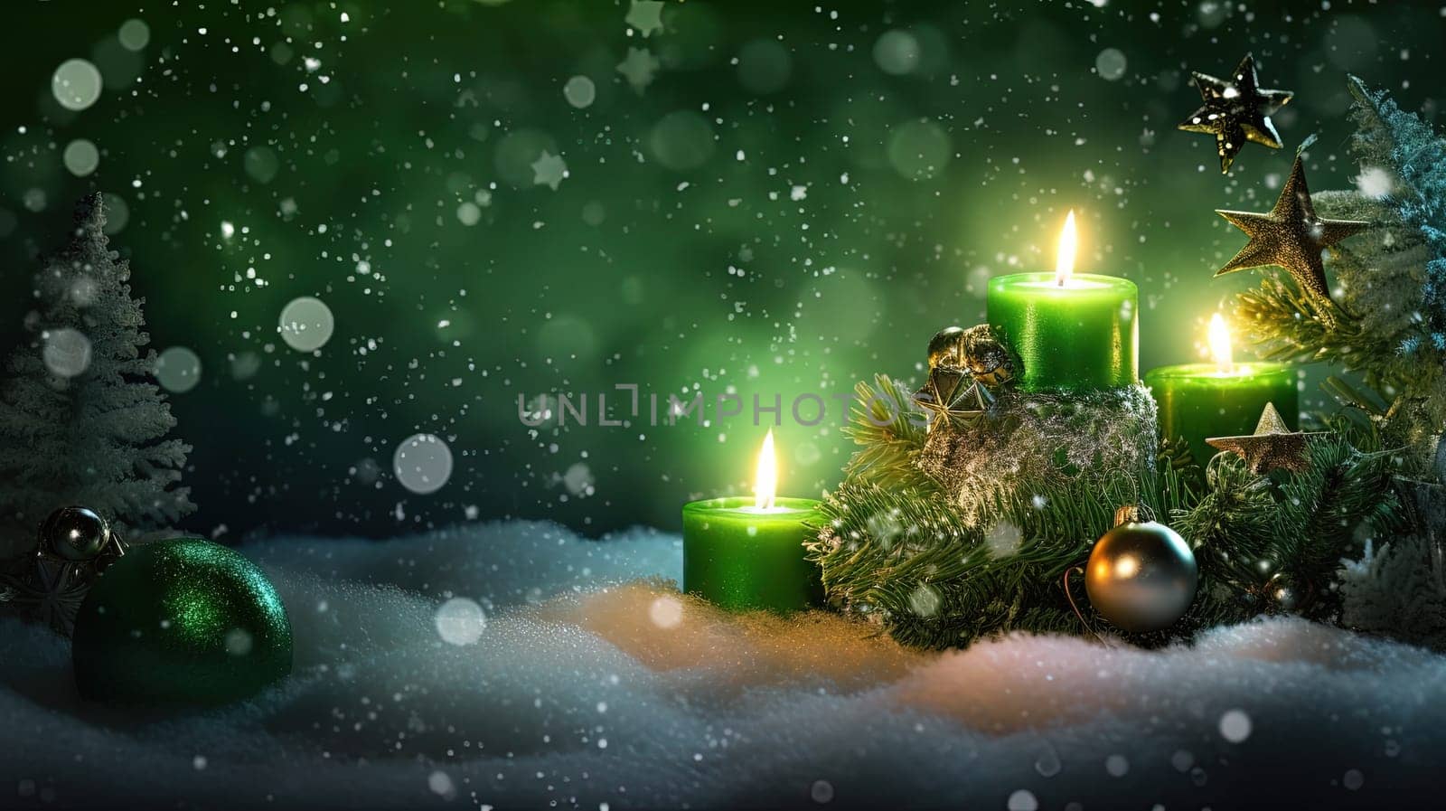 Christmas decoration with candles and baubles. Xmas card template with winter holidays ornament, candles and balls. Generated AI
