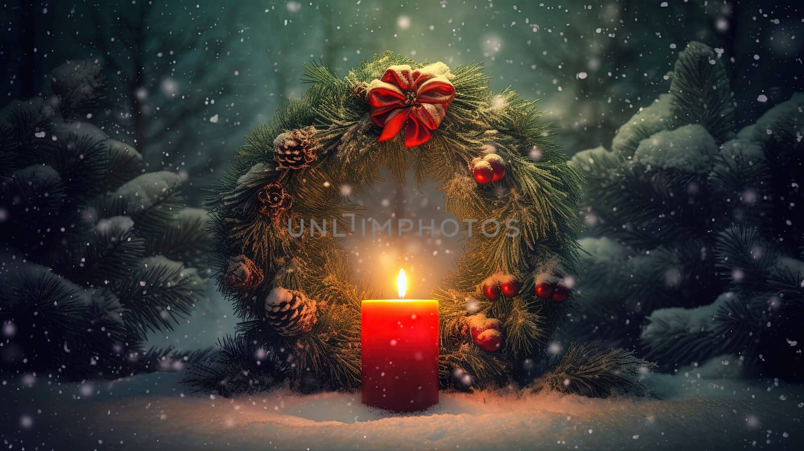 Christmas card with candle and mistletoe wreath. Winter holidays card with baubles and candles. Generated AI