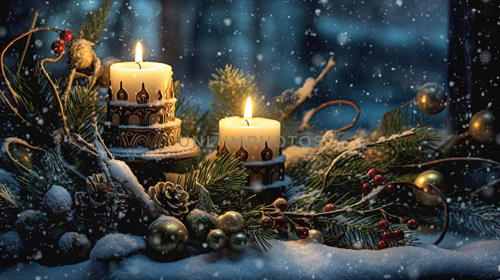 Christmas card with snow and candles. Winter holidays ornament and candles on the Xmas scene. Generated AI