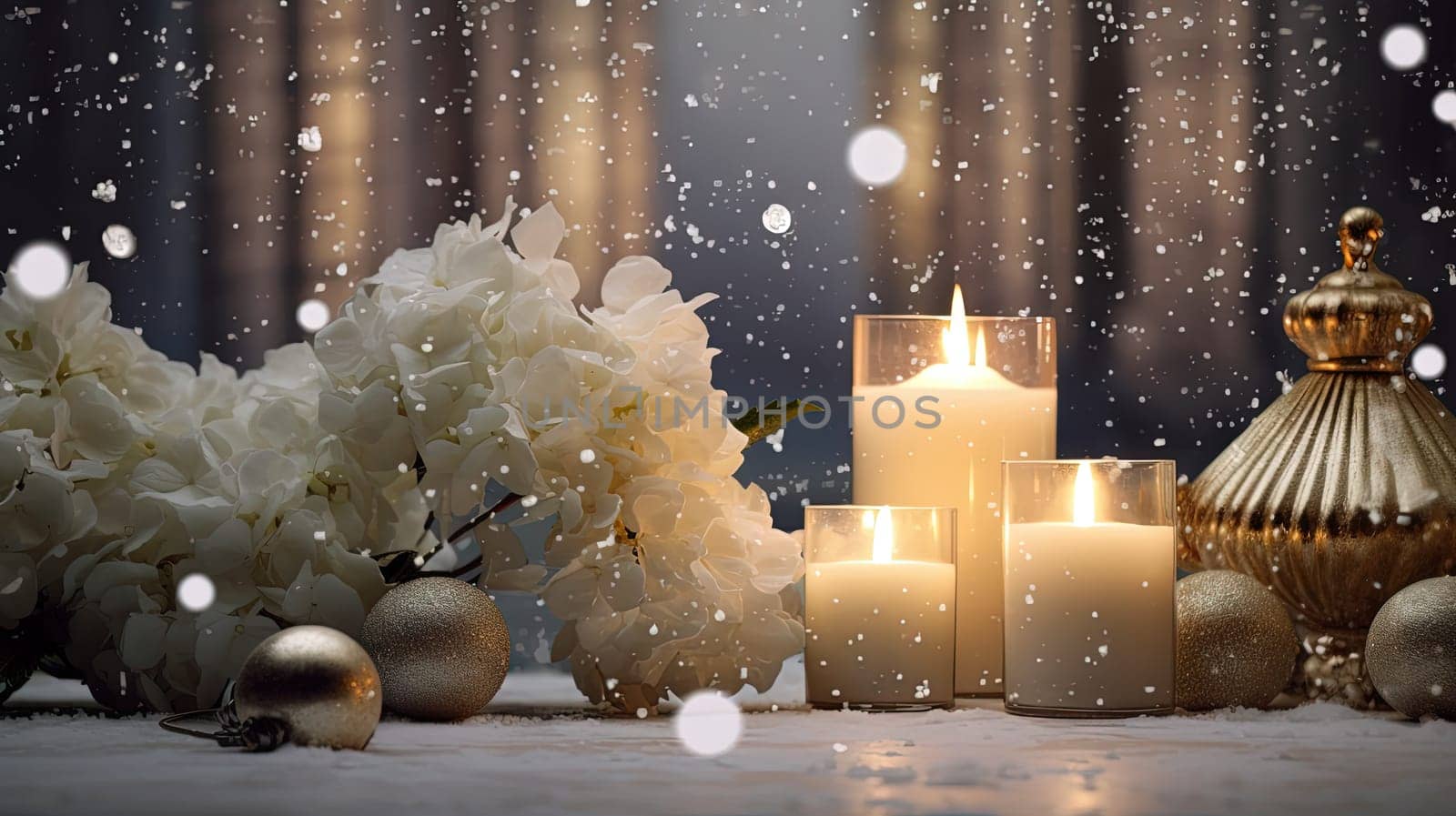 Christmas card with snow and candles. Winter holidays ornament and candles on the Xmas scene. Generated AI