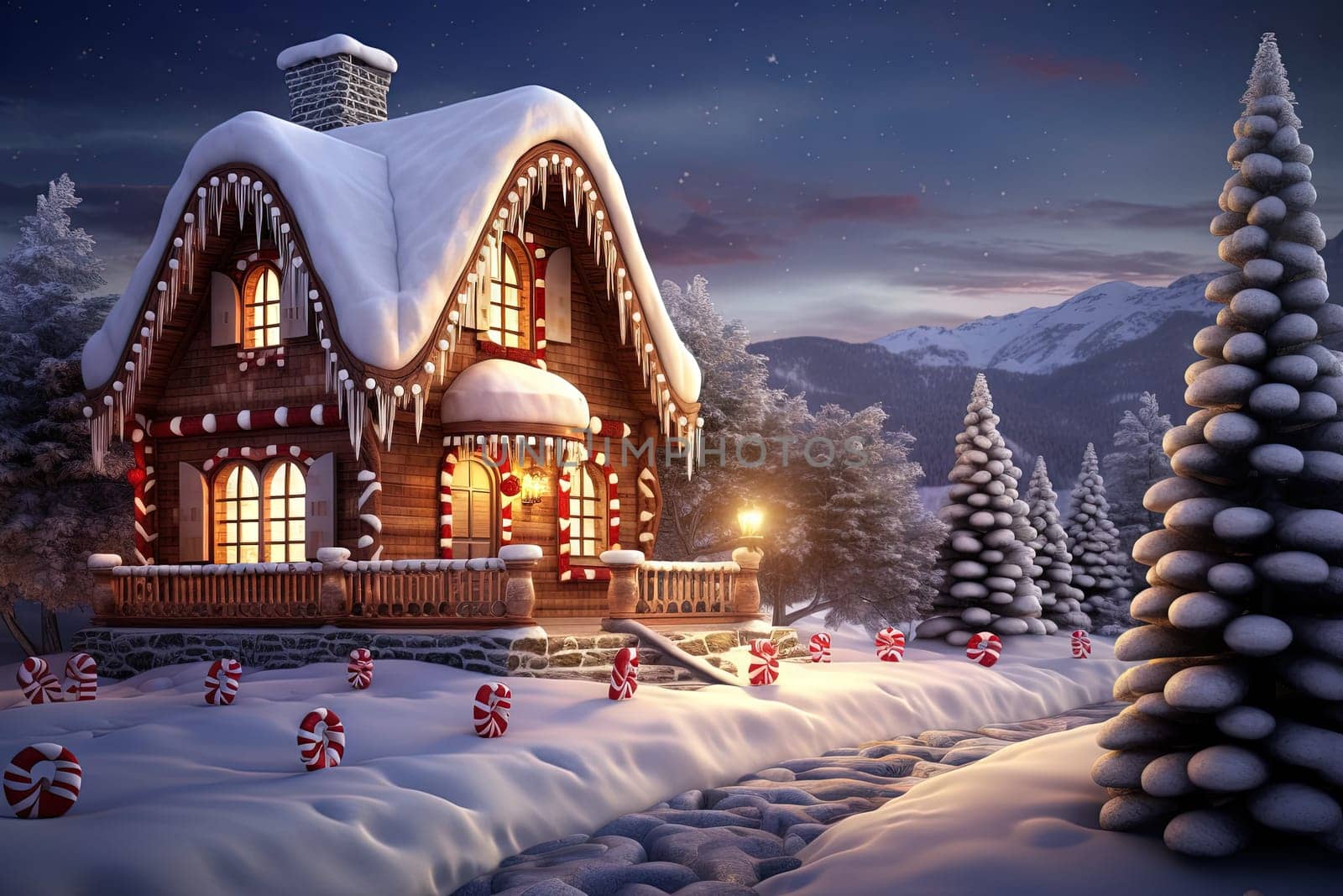 Christmas house in the forest with candies and winter holiday ornaments. Santa gingerbread house on the snow. Generated AI