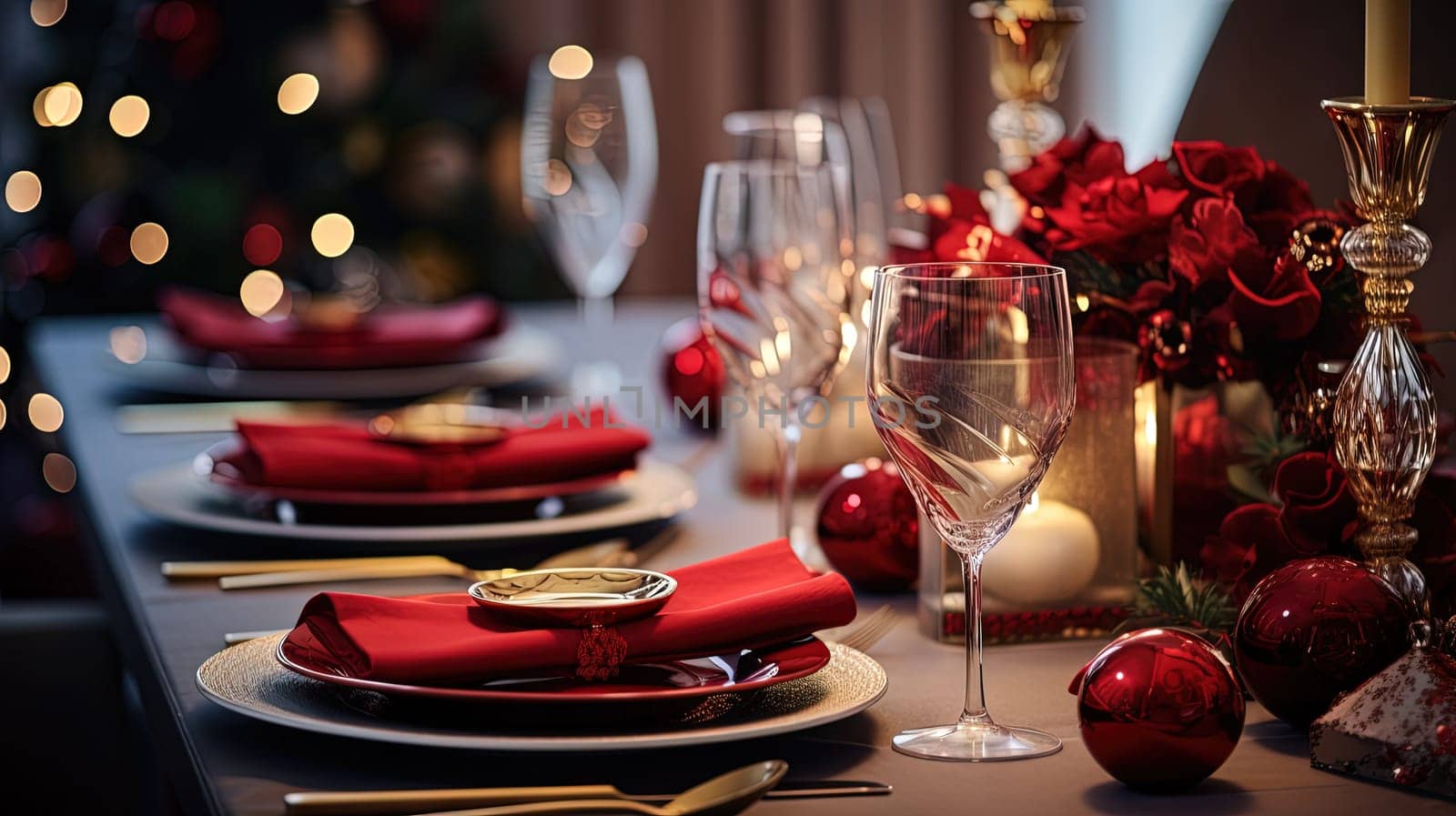 Christmas dinner table setting in winter holidays room. Generated AI