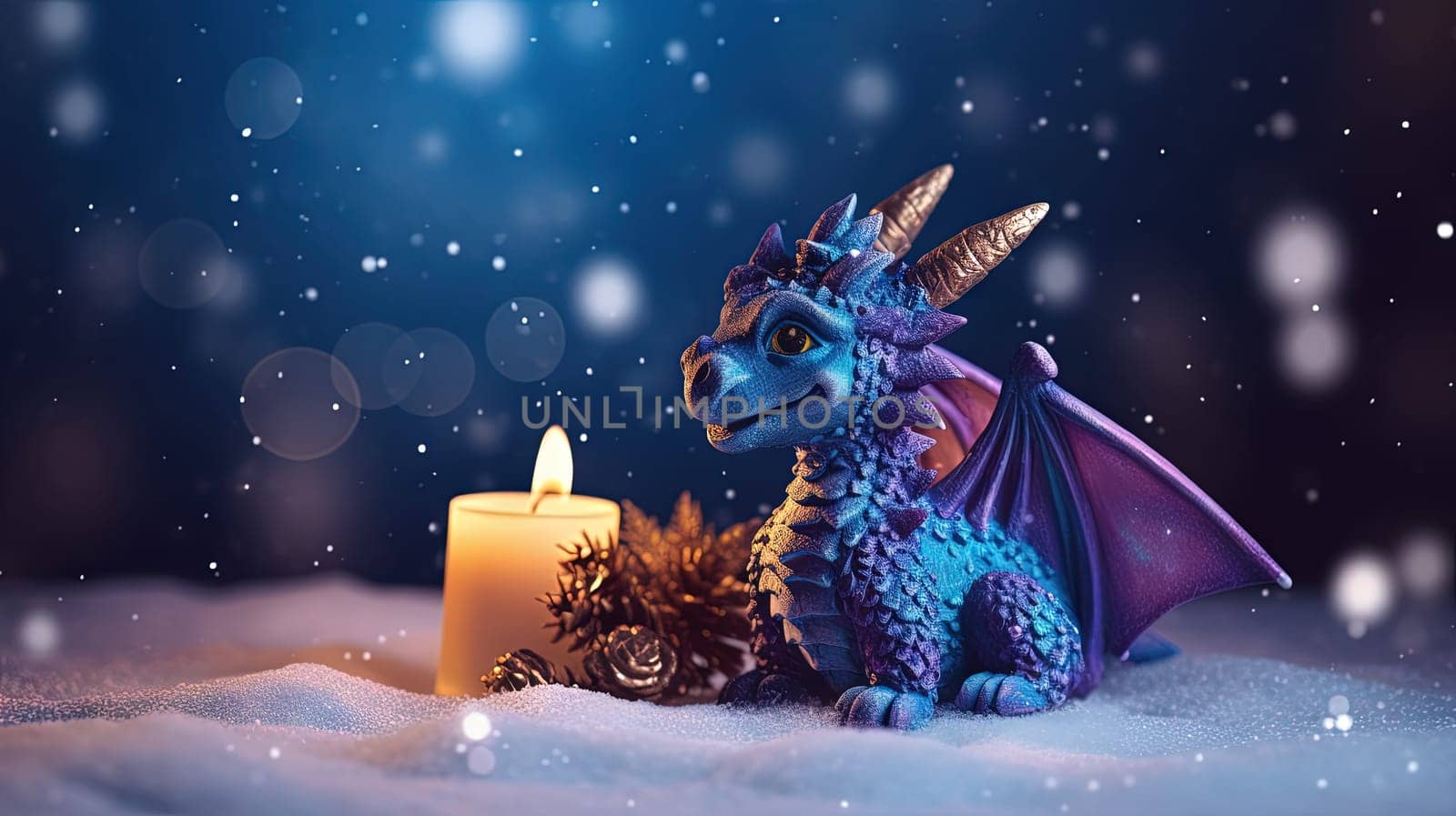 Funny cute dragon with candle for winter holidays and 2024 lunar new year celebration. Generated AI