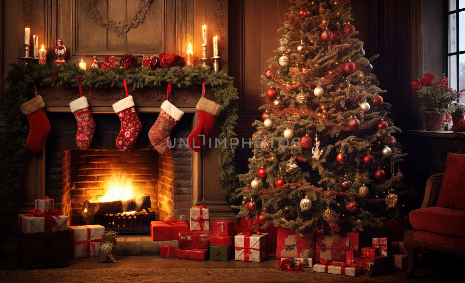 Christmas holidays in the room with fireplace. Christmas tree and gifts in decorated for winter holidays room. Generated AI