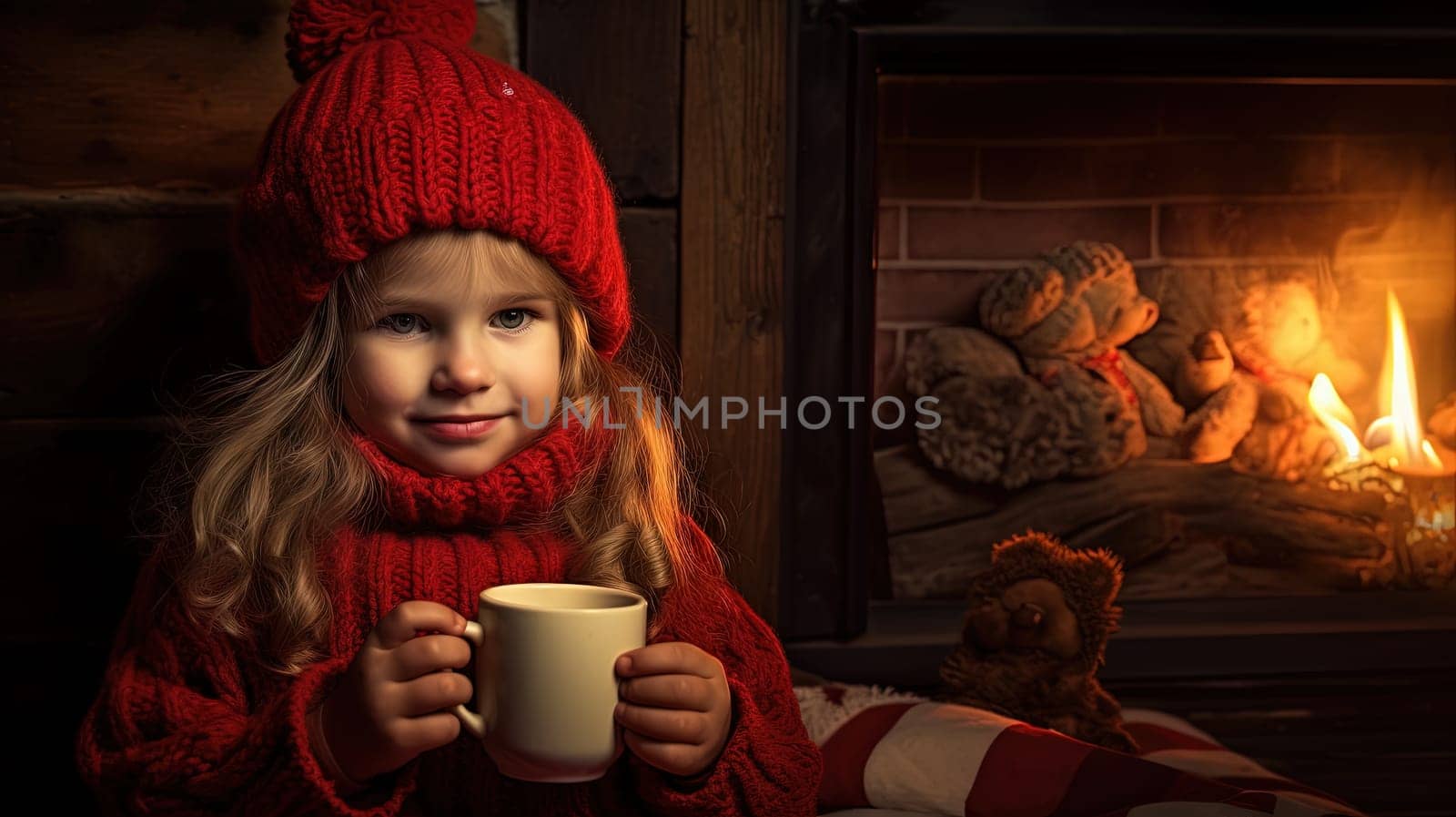 Little girl with cozy sweater drinks hot beverage cup on Christmas holidays. Generated AI